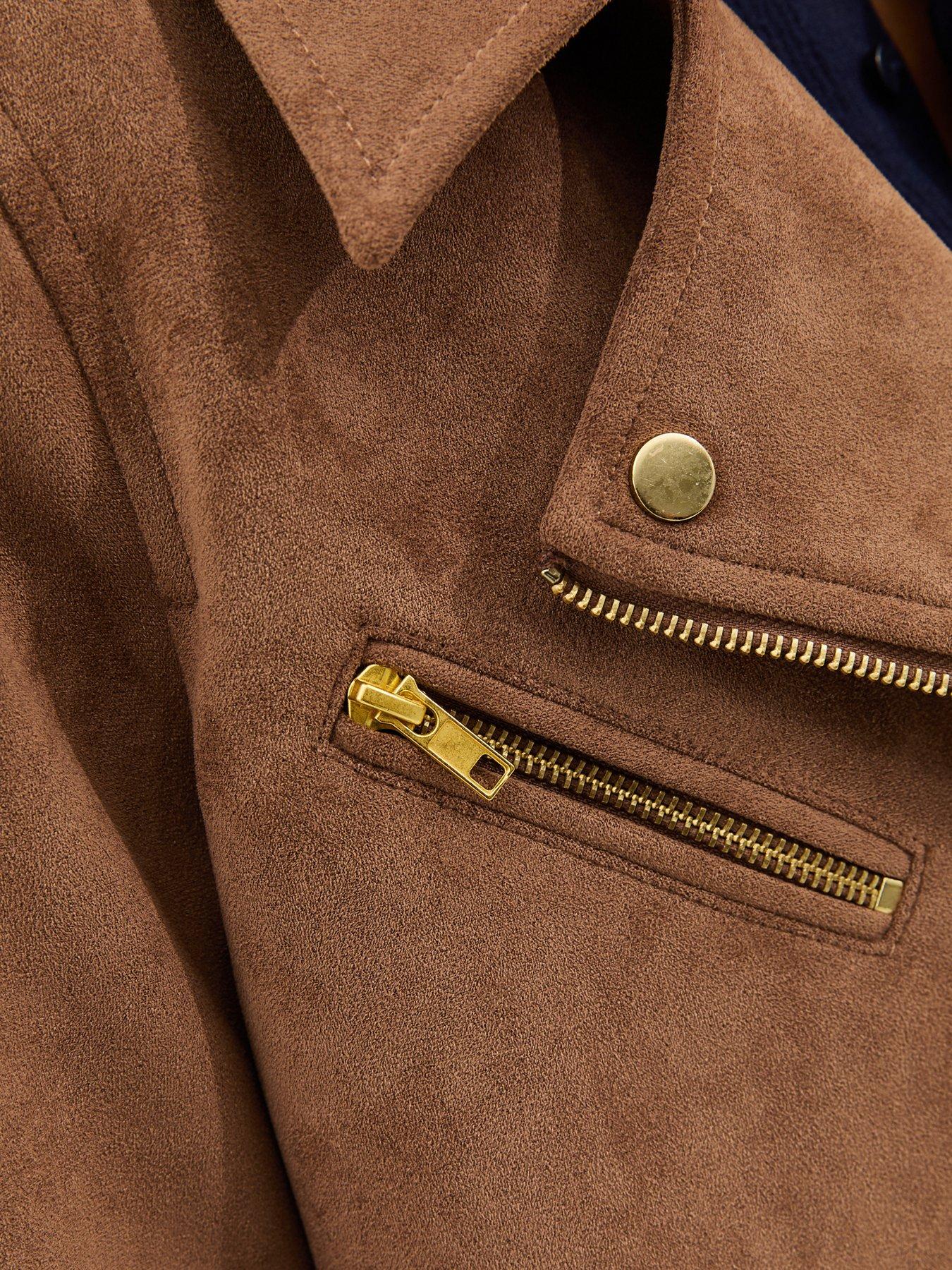 Image 6 of 6 of New Look Tan Oversized Faux Suede Biker Jacket