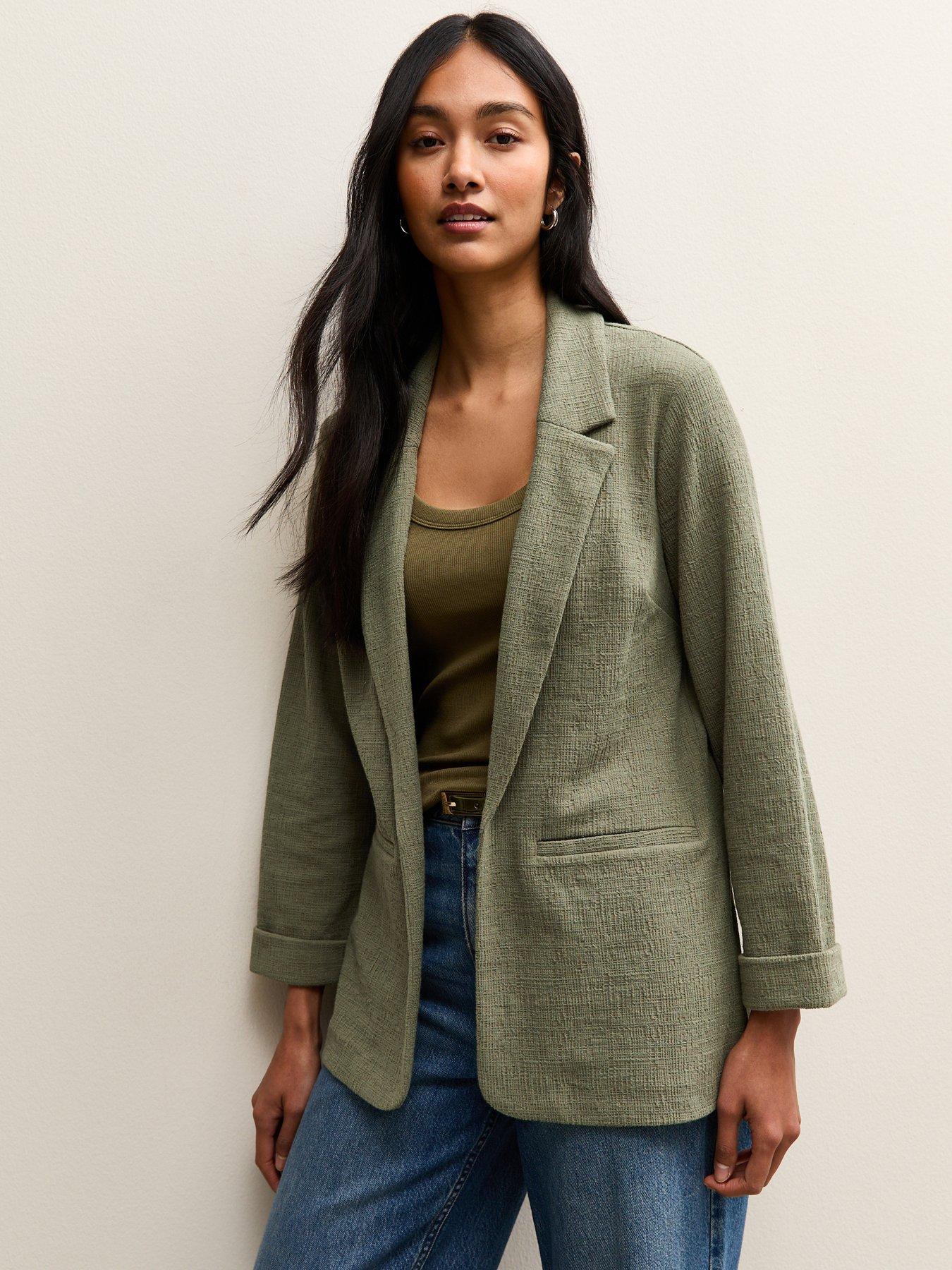 Image 1 of 5 of New Look Stretchy Textured Jersey Blazer - Dark Khaki
