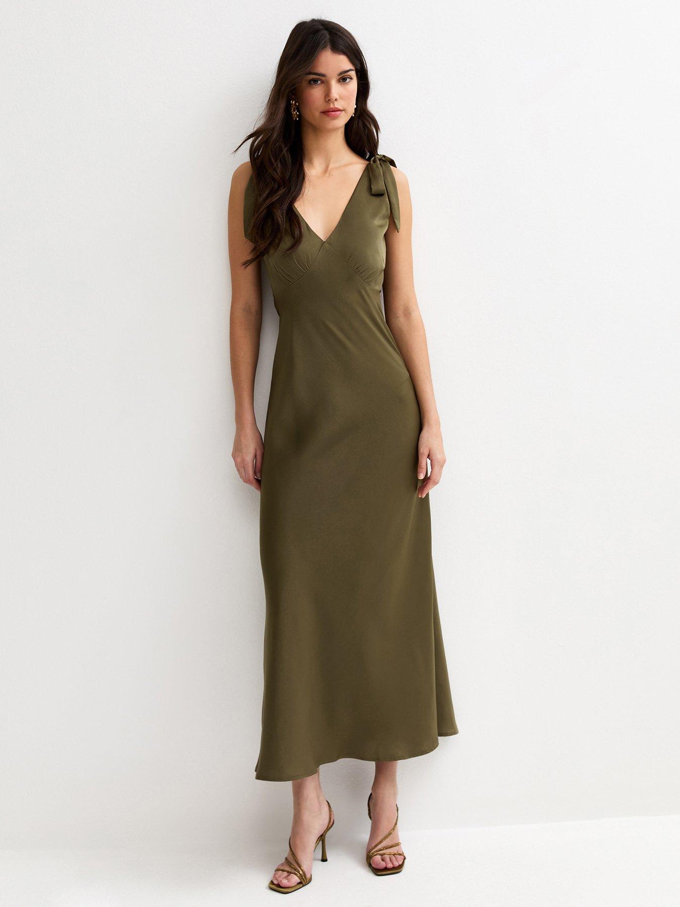 Image 1 of 5 of New Look Tie Shoulder Plunge Maxi Dress - Light Khaki