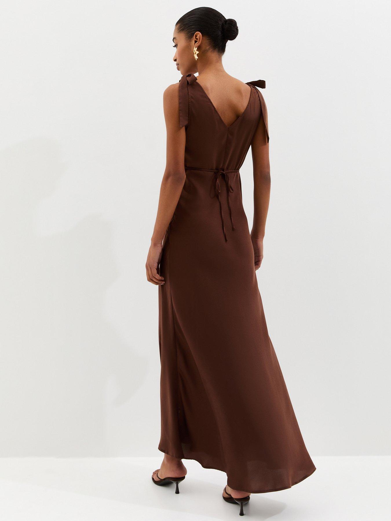 new-look-dark-brown-tie-shoulder-plunge-maxi-dressstillFront