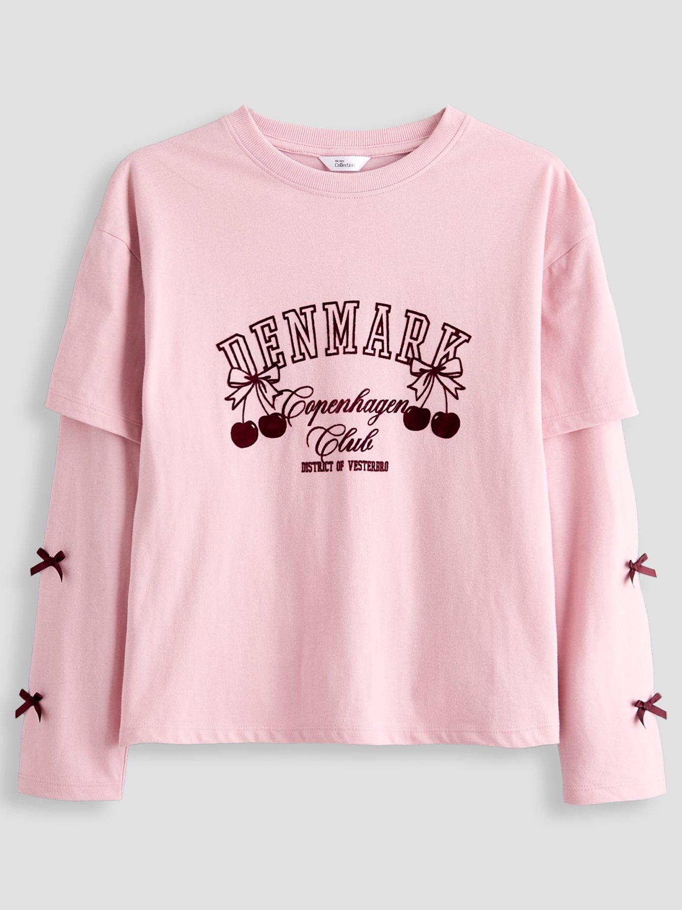 The Very Collection Girls Copenhagen Club Slogan Long Sleeve Bow Top - Pink