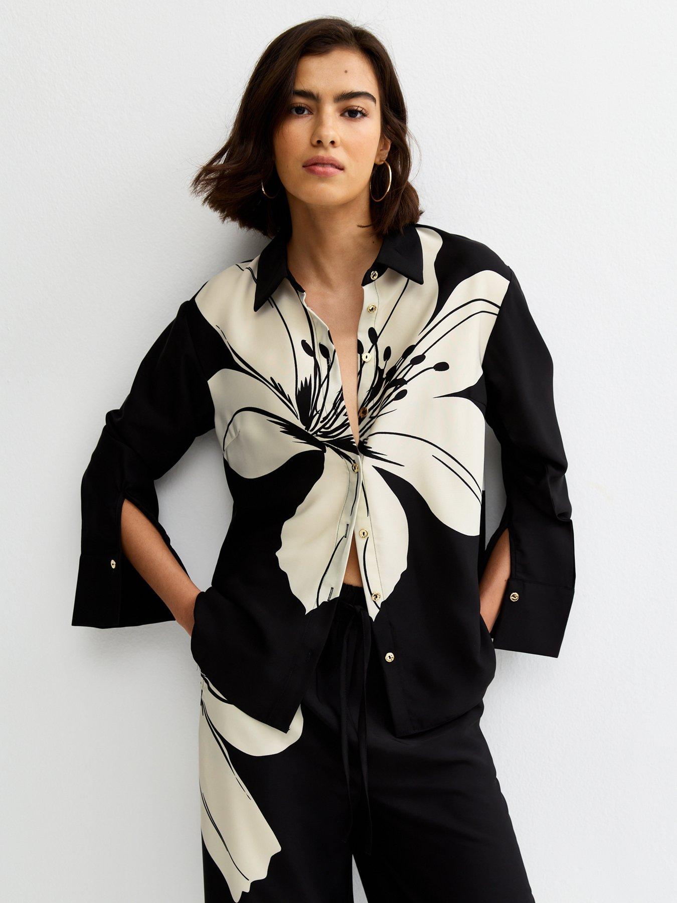 New Look Soft Touch Large Lily Print Long Sleeve Shirt - Black