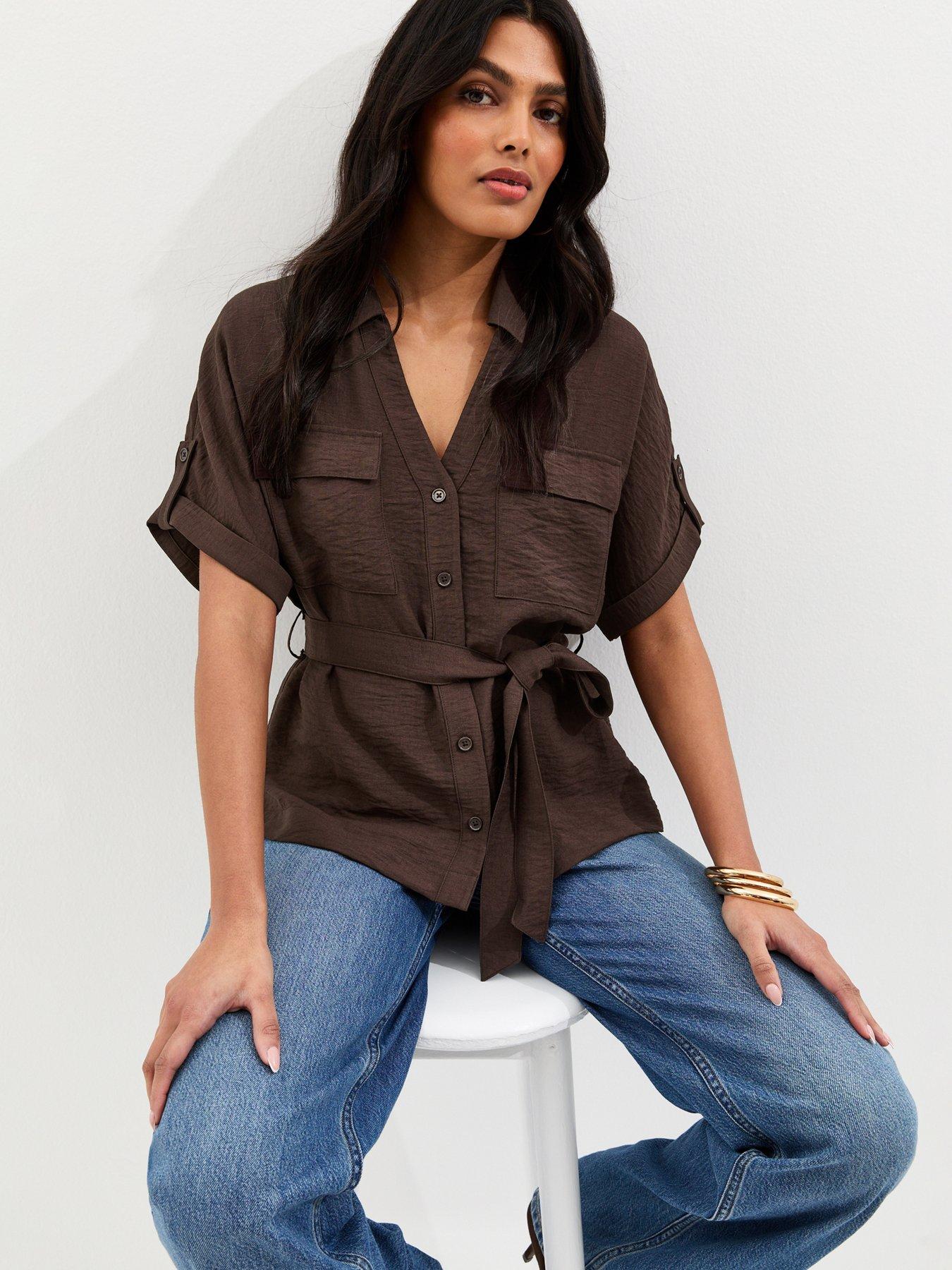 new-look-dark-brown-utility-belted-shirt