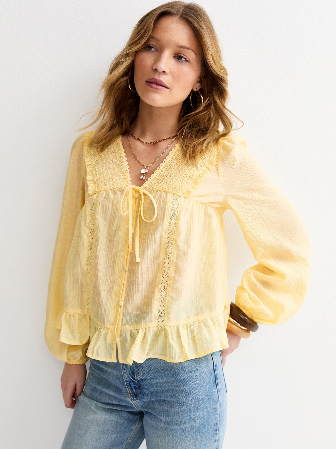 Image 1 of 5 of New Look Lace Button Long Sleeve Blouse - Light Yellow