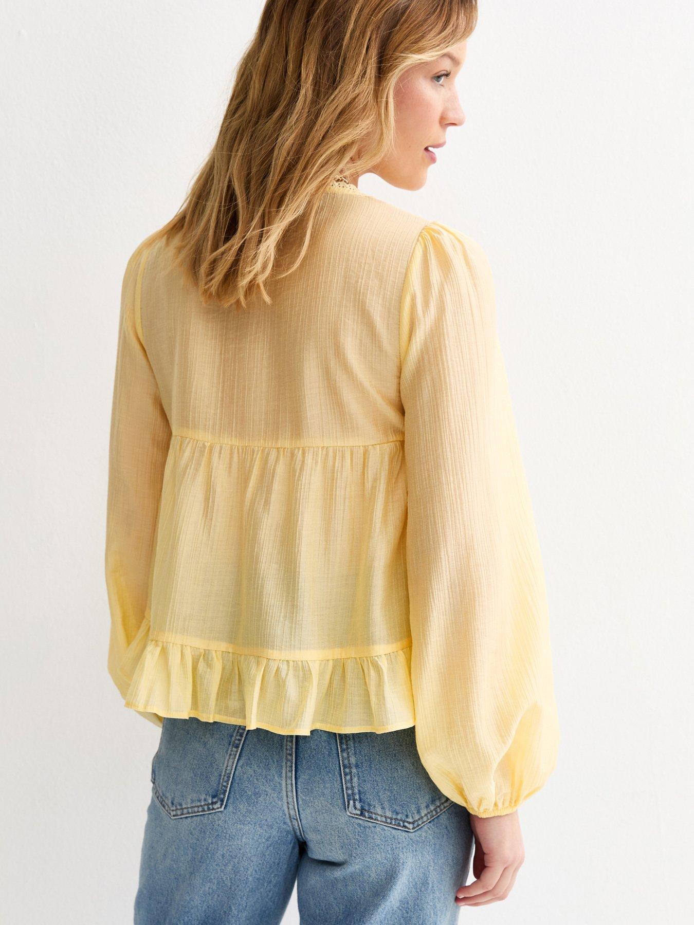 Image 2 of 5 of New Look Lace Button Long Sleeve Blouse - Light Yellow