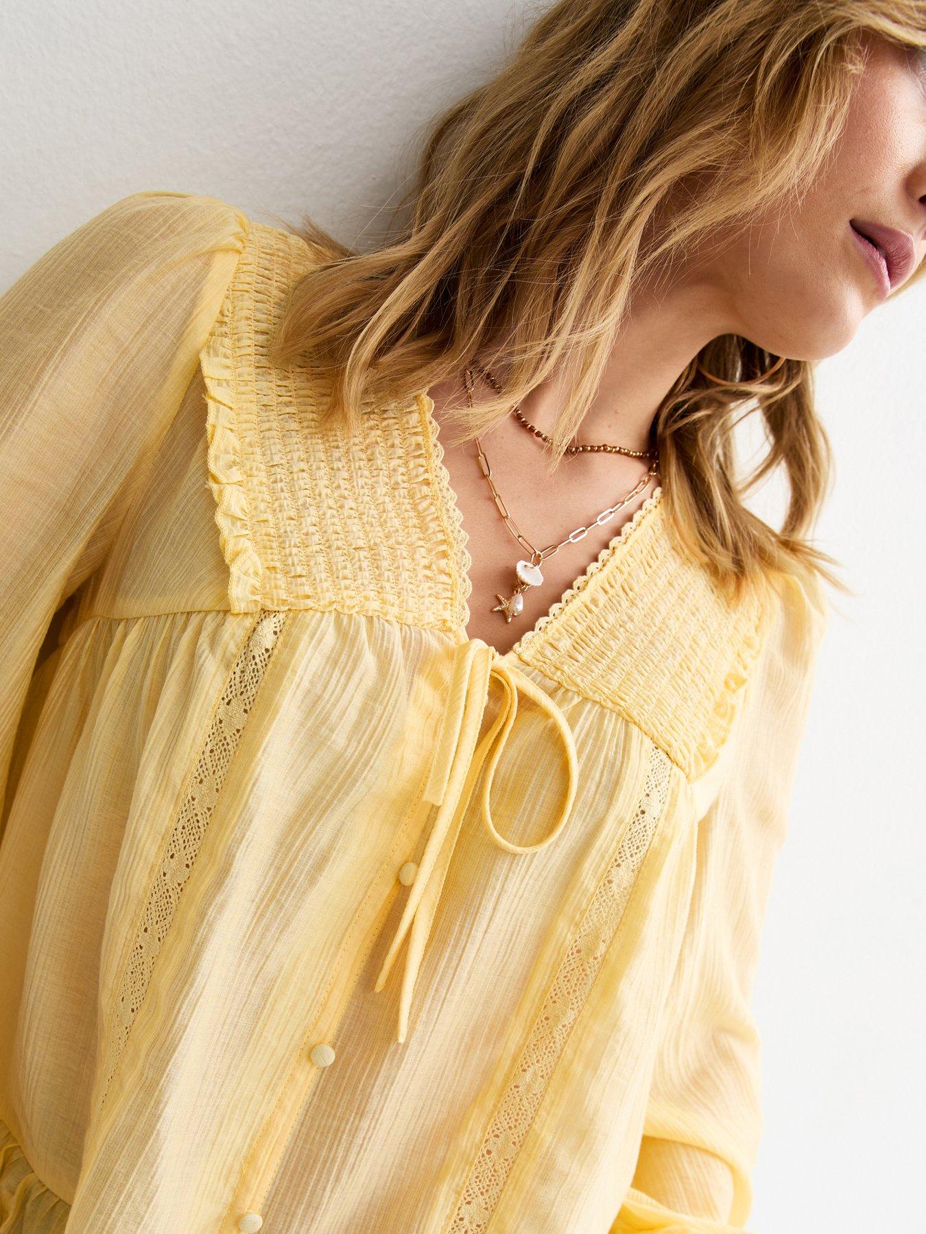 Image 4 of 5 of New Look Lace Button Long Sleeve Blouse - Light Yellow