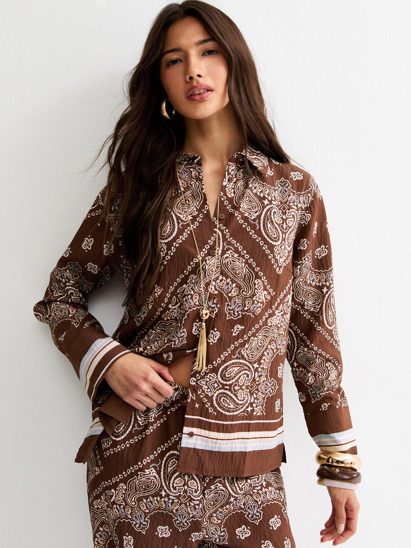 New Look Brown Crinkle Texture Paisley Print Bandana Shirt