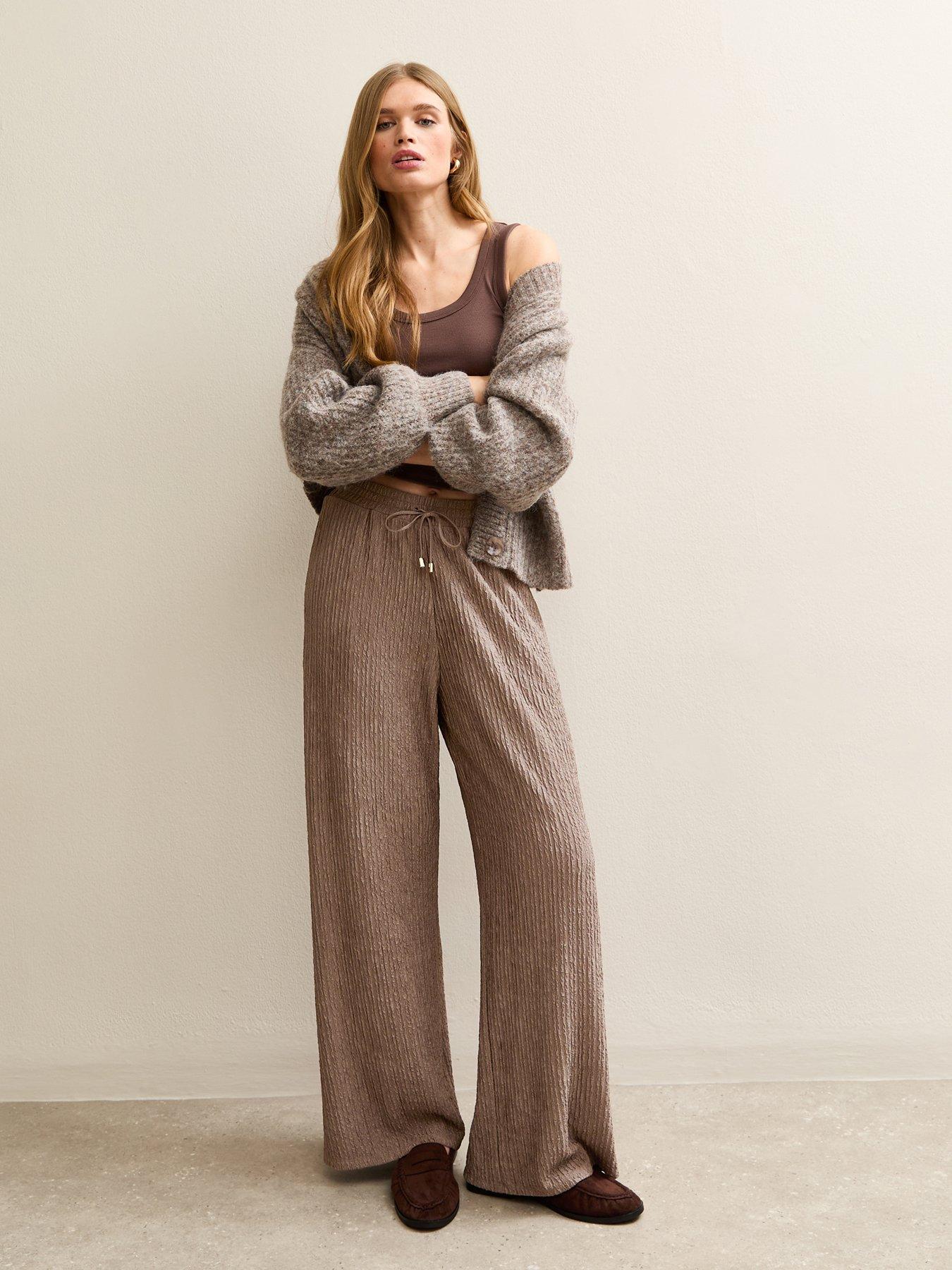 new-look-mink-crinkled-drawstring-wide-leg-trousers-brownfront