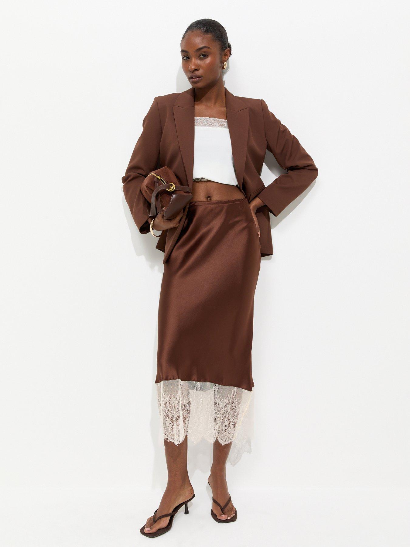 New Look Satin Lace Hem Bias Cut Midi Skirt - Dark Brown