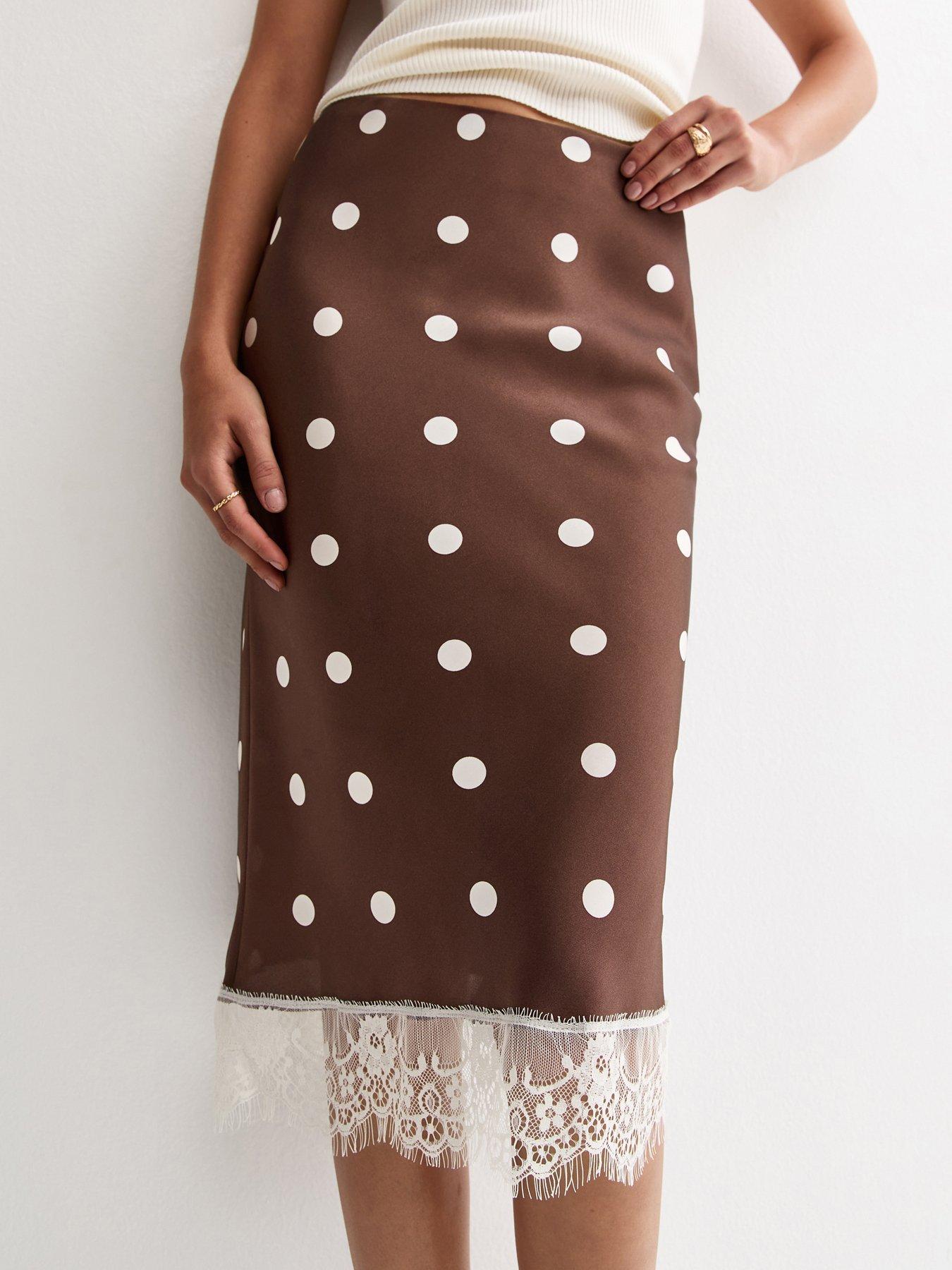 New Look Brown Satin Polka Dot Lace Hem Midi Skirt