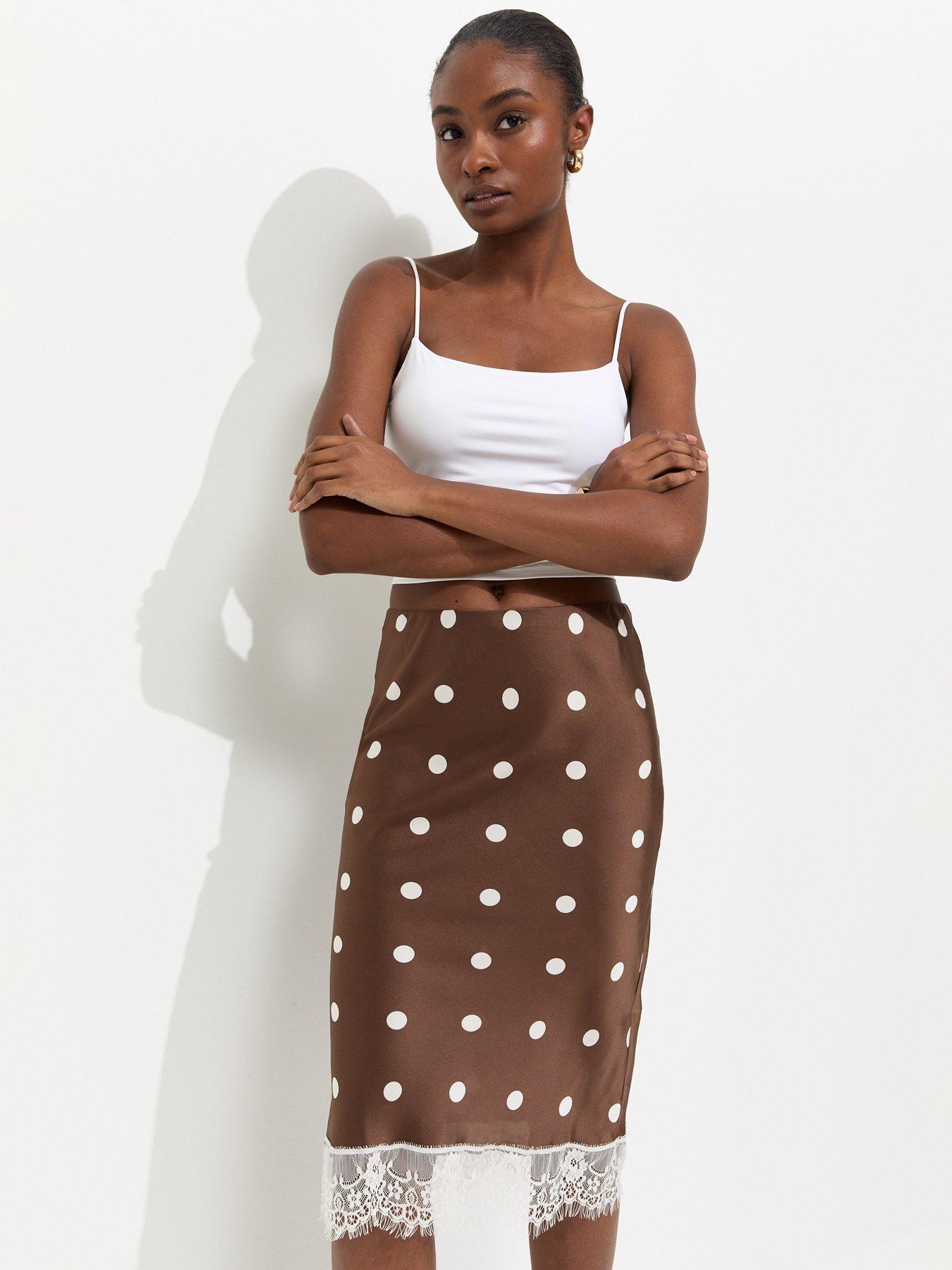 New Look Satin Polka Dot Lace Hem Midi Skirt - Brown