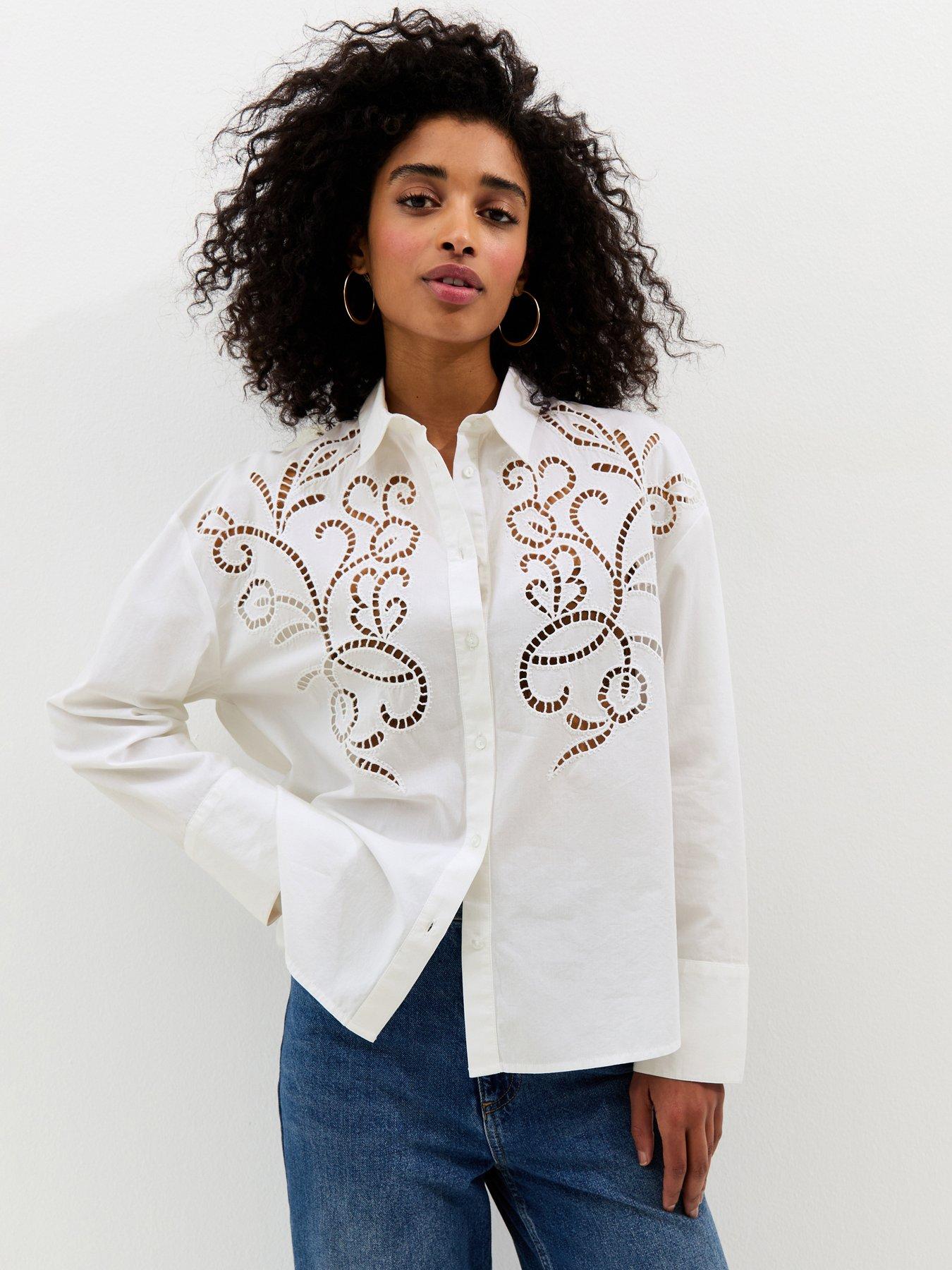 Image 1 of 5 of New Look Poplin Lace Embroidered Shirt - Off White
