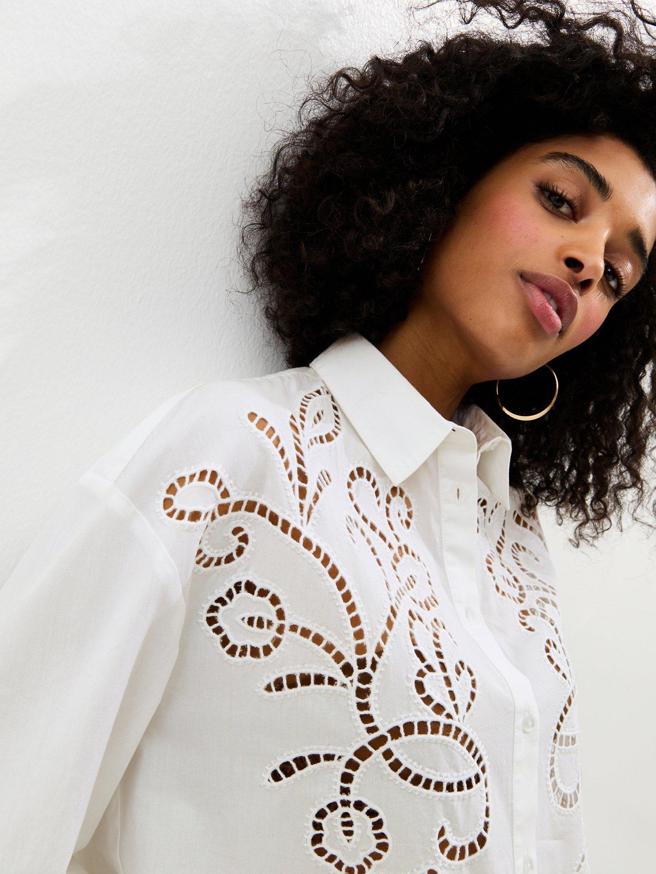 Image 4 of 5 of New Look Poplin Lace Embroidered Shirt - Off White