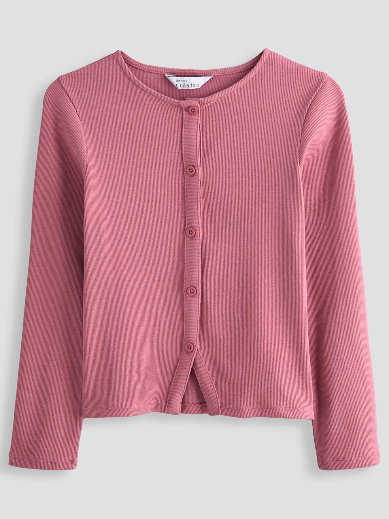 The Very Collection Girls Button Up Long Sleeve Rib Basic Top - Pink