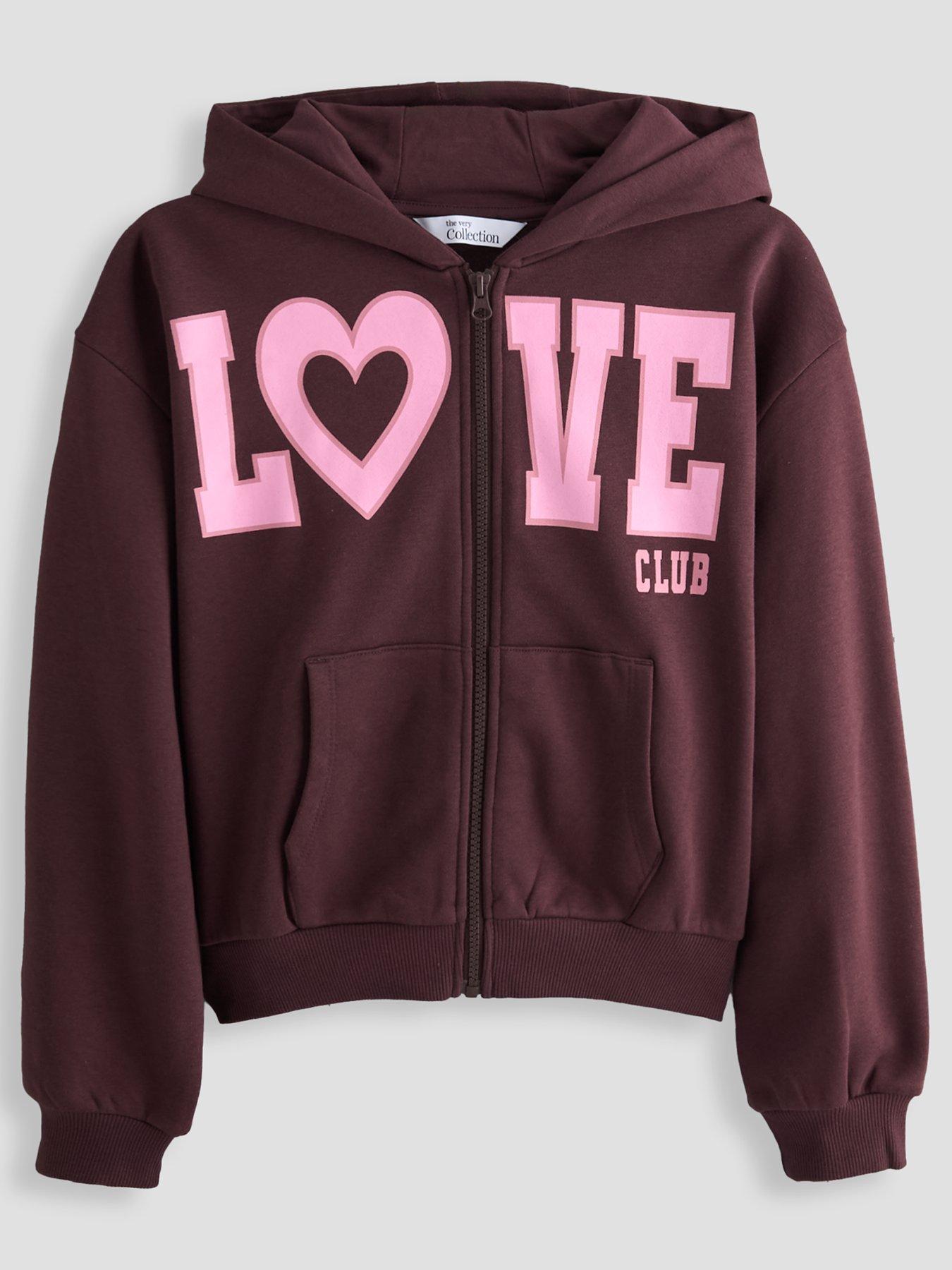 The Very Collection Girls Zip Up Love Club Hoodie - Brown