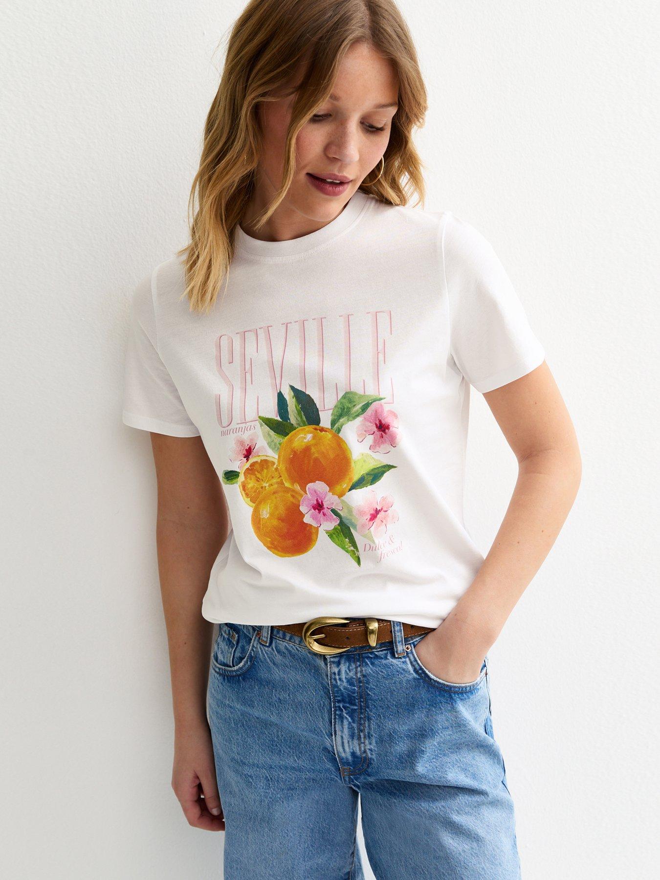 Image 1 of 5 of New Look Orange Print T-Shirt - White