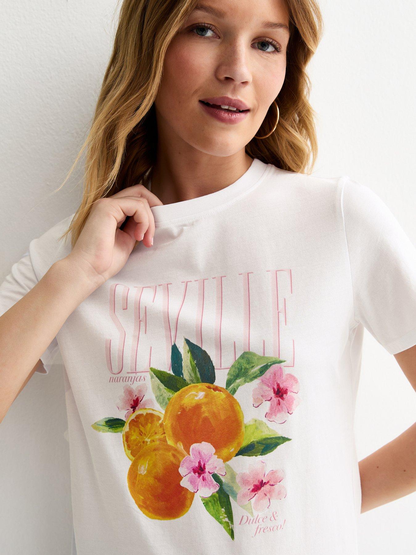 Image 4 of 5 of New Look Orange Print T-Shirt - White