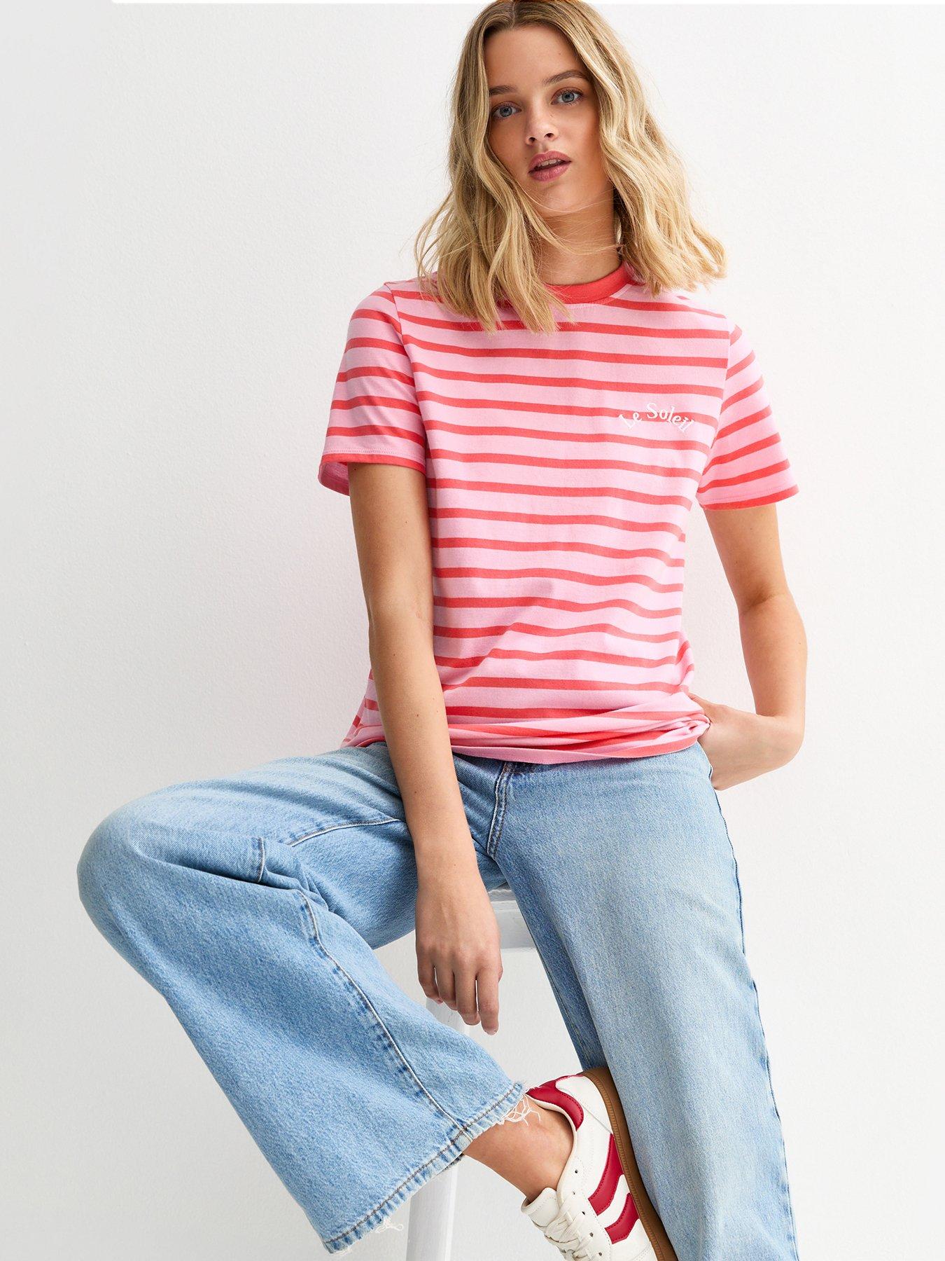 Image 1 of 4 of New Look Striped Le Soleil Embroidered T-Shirt - Pink