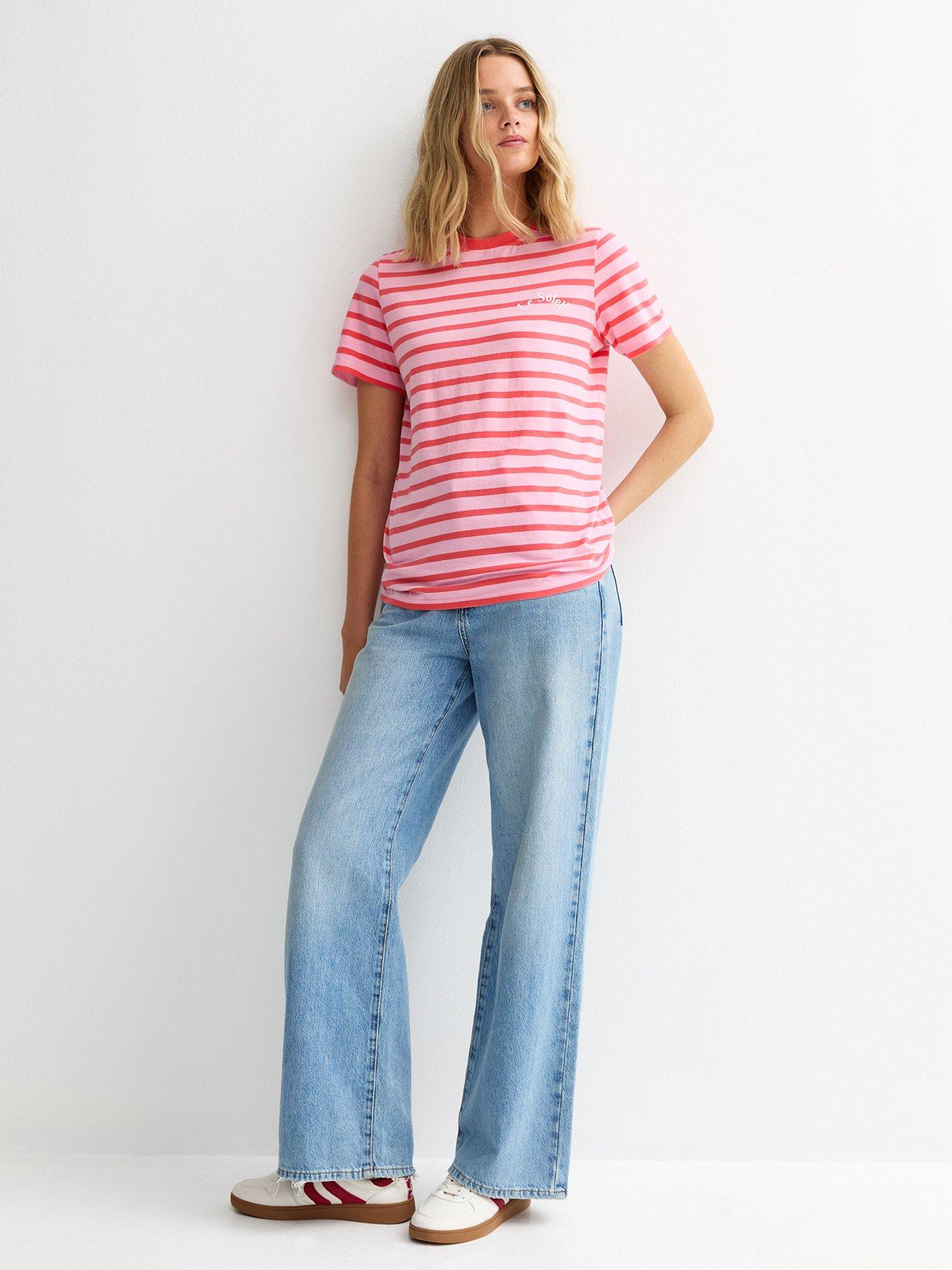 Image 3 of 4 of New Look Striped Le Soleil Embroidered T-Shirt - Pink