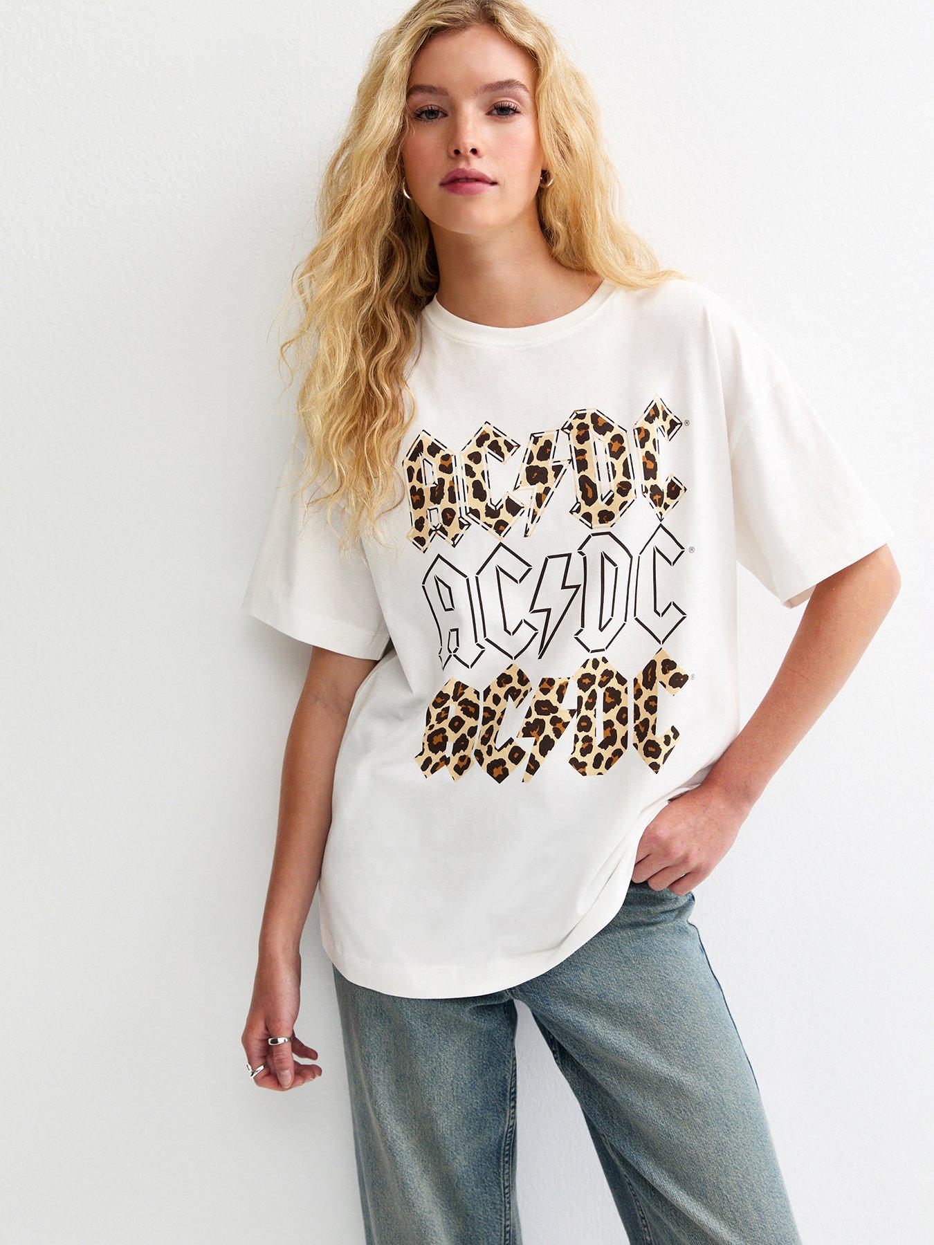 Image 1 of 6 of New Look ACDC Leopard Print Oversized T-Shirt - White