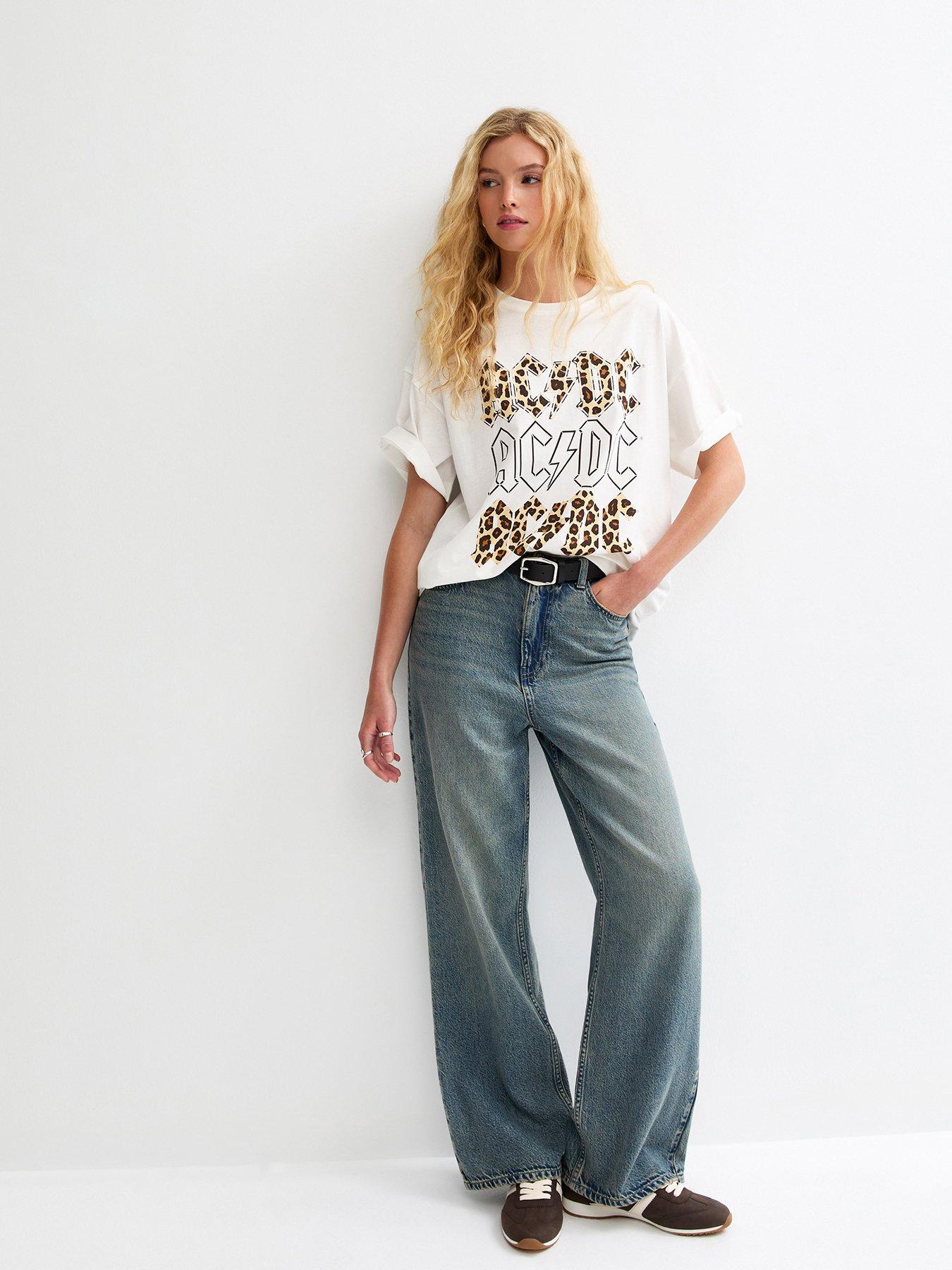Image 3 of 6 of New Look ACDC Leopard Print Oversized T-Shirt - White