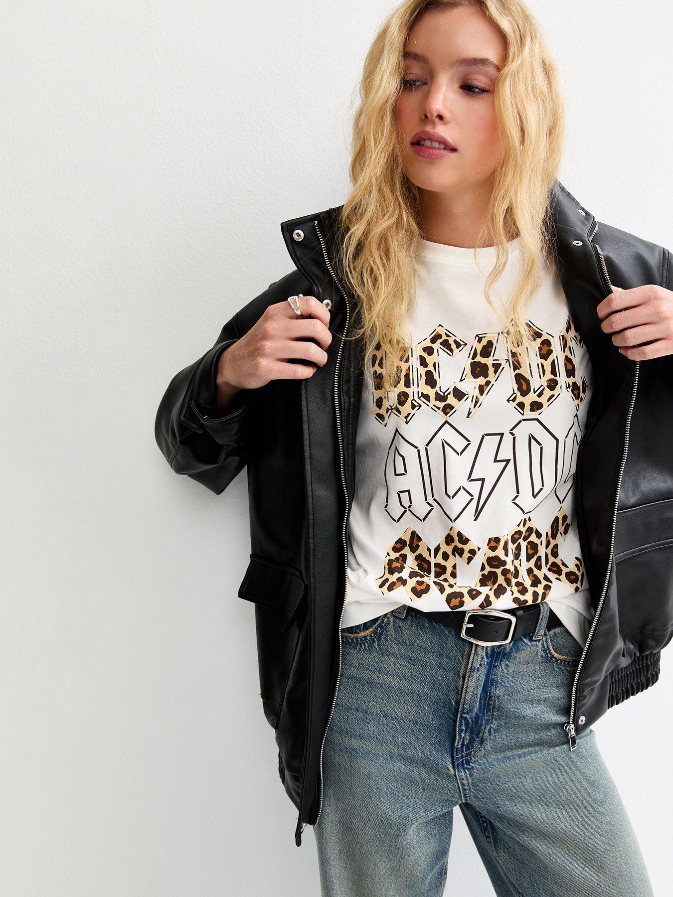 Image 4 of 6 of New Look ACDC Leopard Print Oversized T-Shirt - White