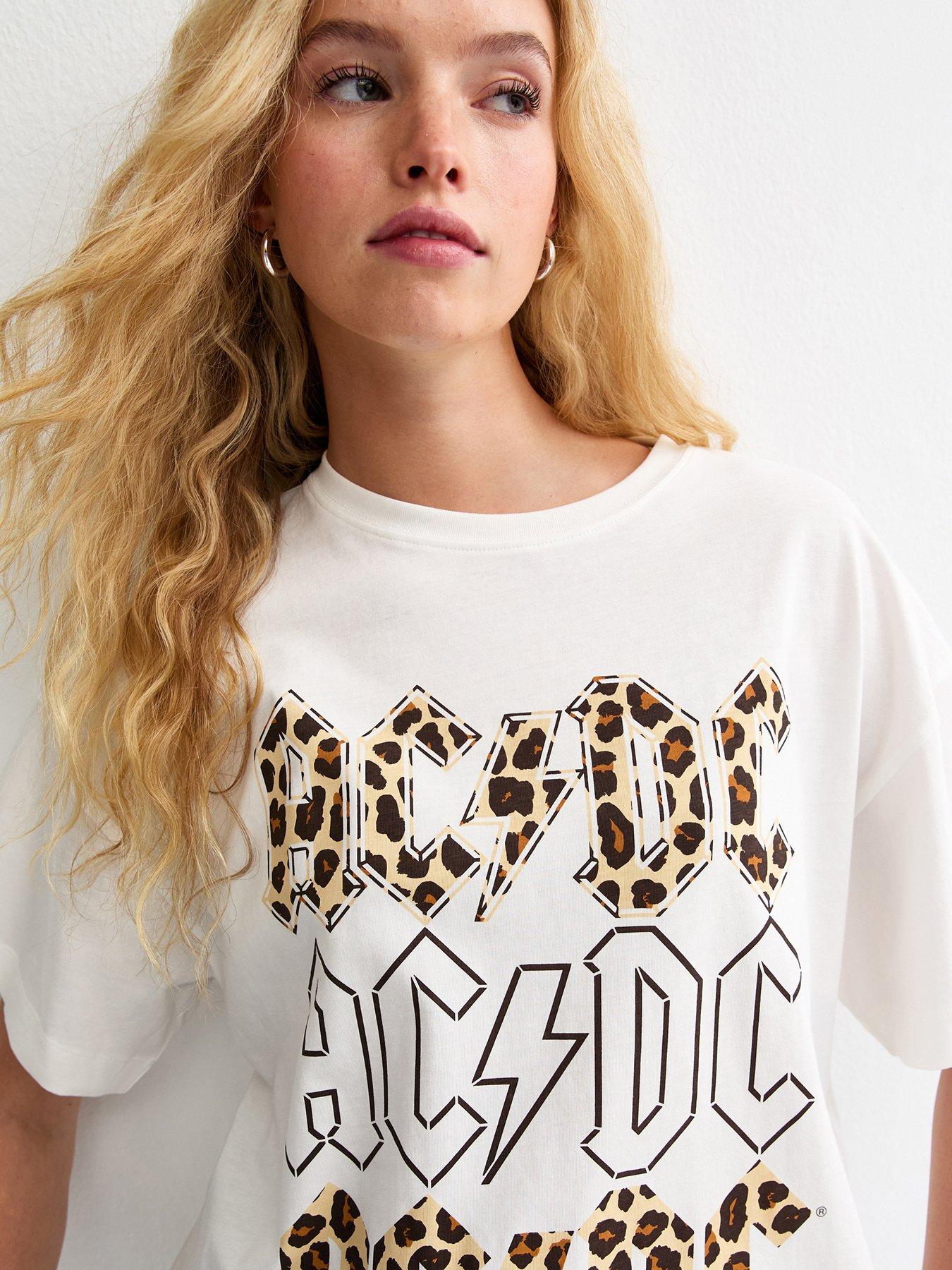 Image 5 of 6 of New Look ACDC Leopard Print Oversized T-Shirt - White