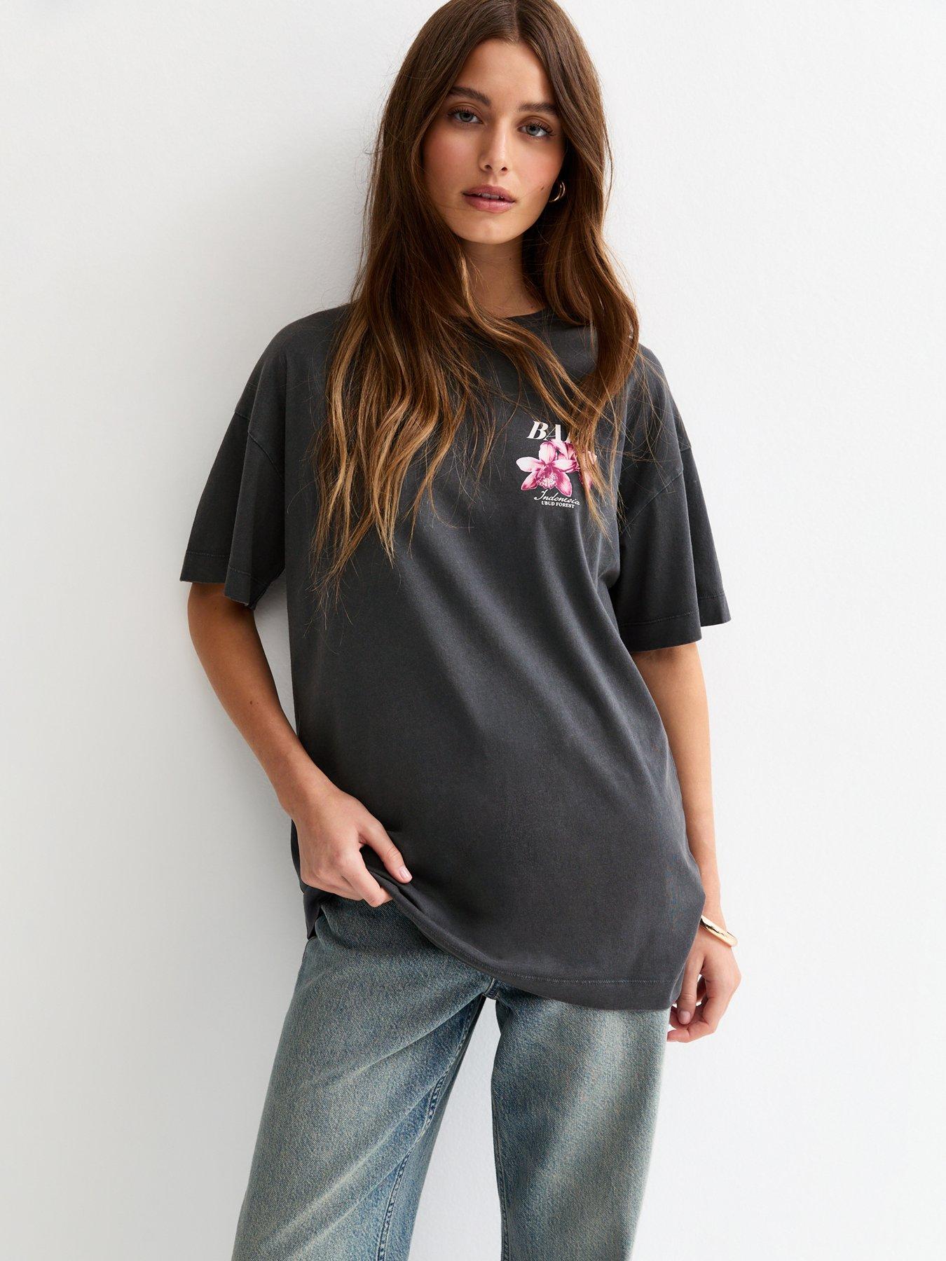 Image 1 of 6 of New Look Bali Acid Print Oversized T-Shirt - Dark Grey