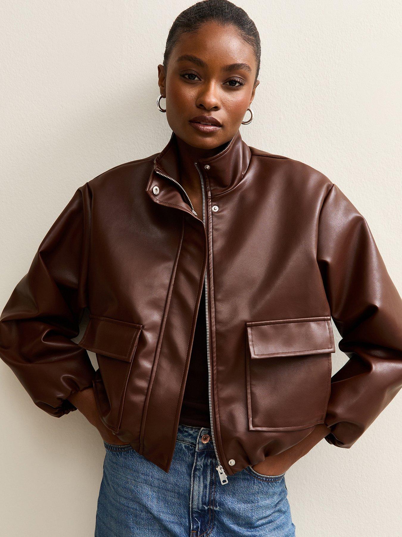New Look Faux Leather Funnel Neck Bomber Jacket - Dark Brown