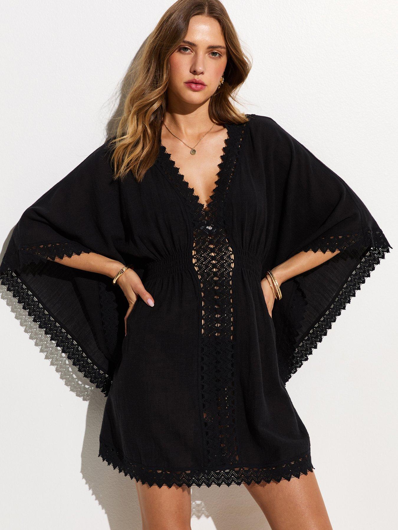 Image 1 of 6 of New Look Cotton Crochet Trim Beach Kaftan Dress - Black