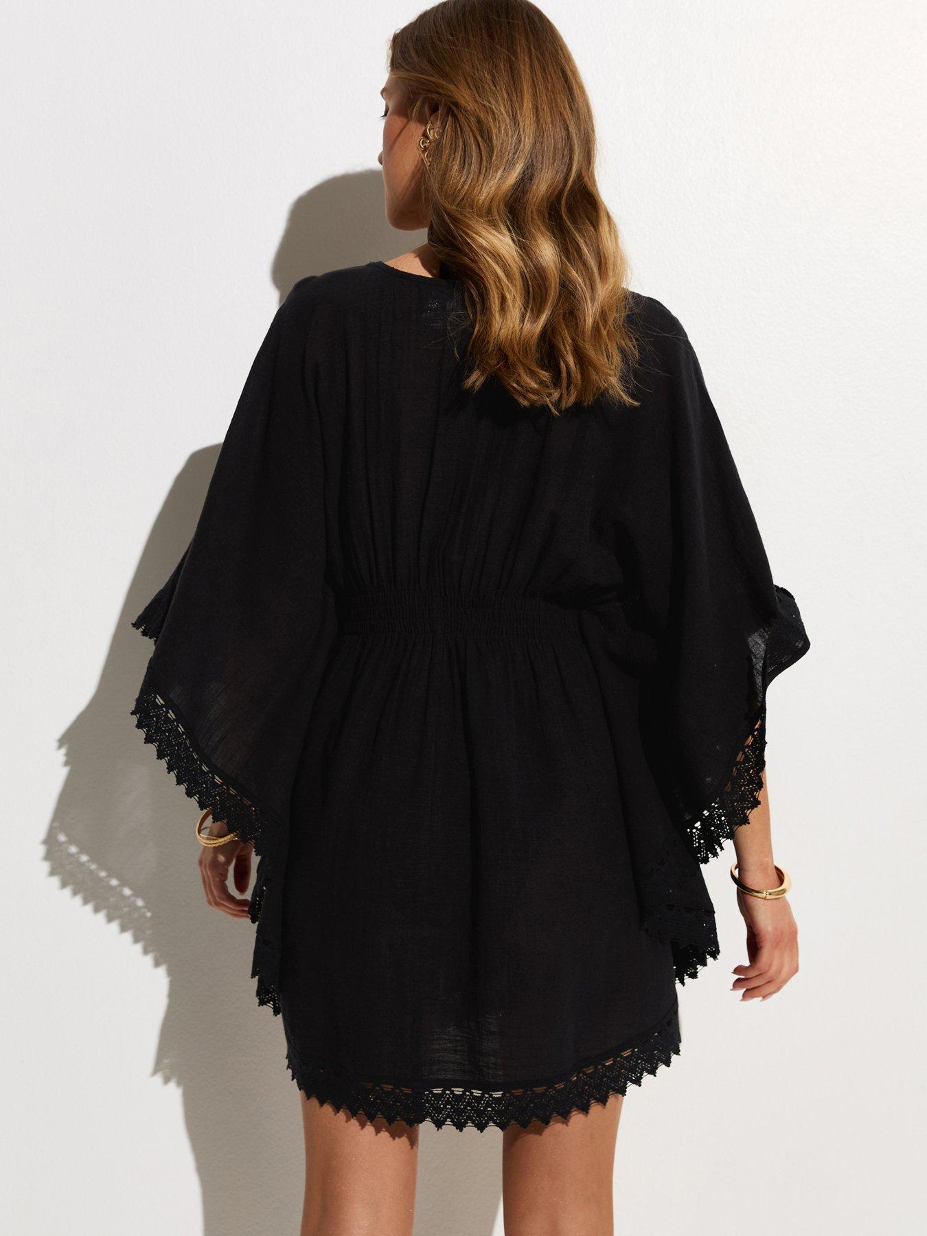 Image 2 of 6 of New Look Cotton Crochet Trim Beach Kaftan Dress - Black