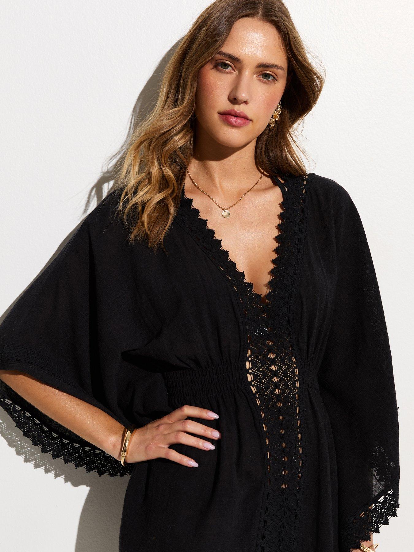 Image 4 of 6 of New Look Cotton Crochet Trim Beach Kaftan Dress - Black