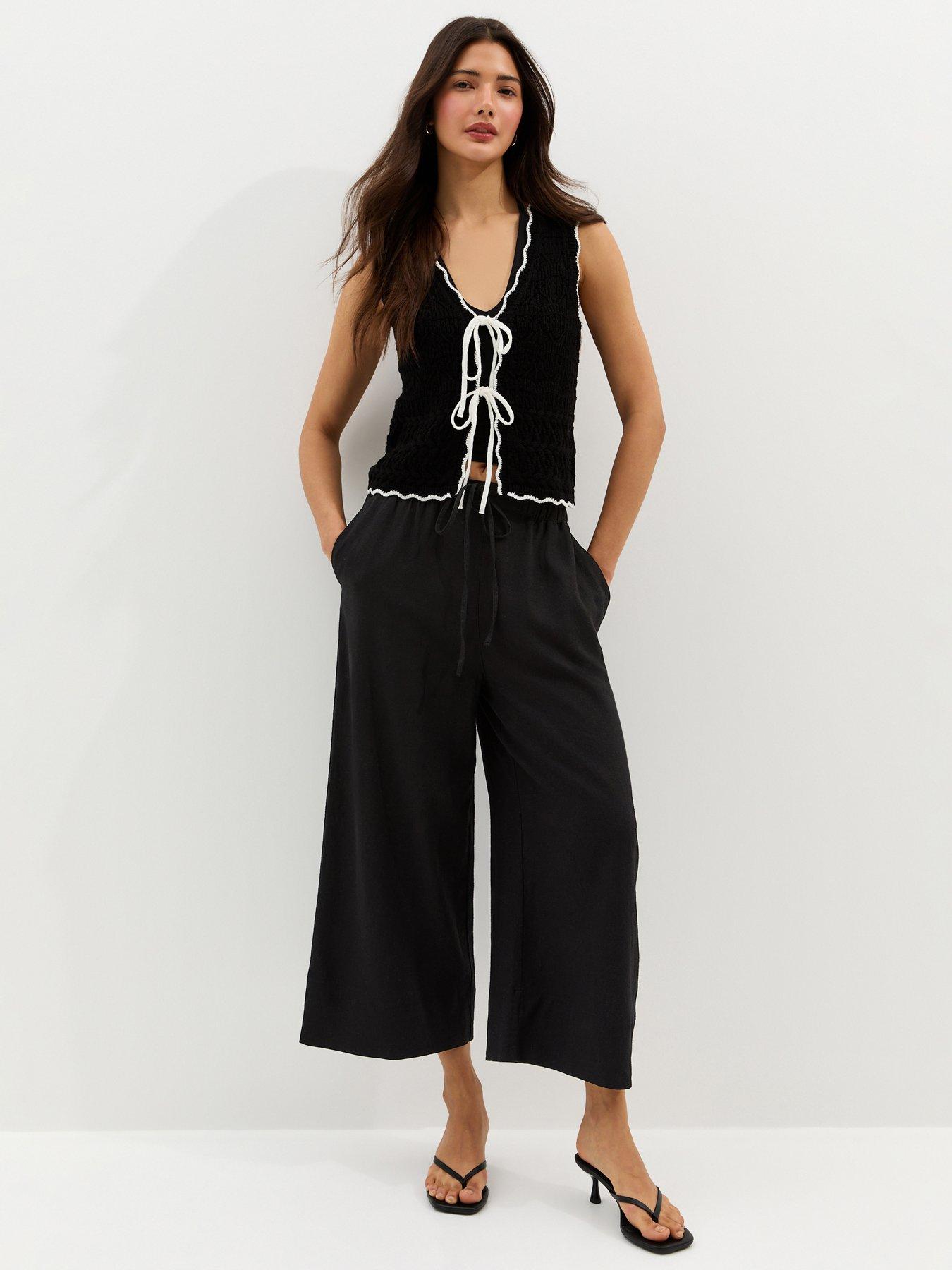 Image 1 of 5 of New Look Black Linen Blend Cropped Wide Leg Trousers