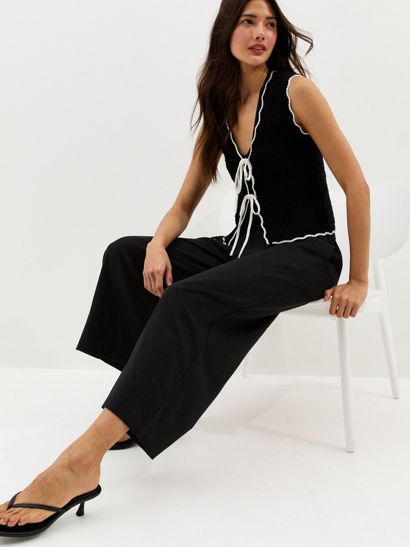 Image 3 of 5 of New Look Black Linen Blend Cropped Wide Leg Trousers