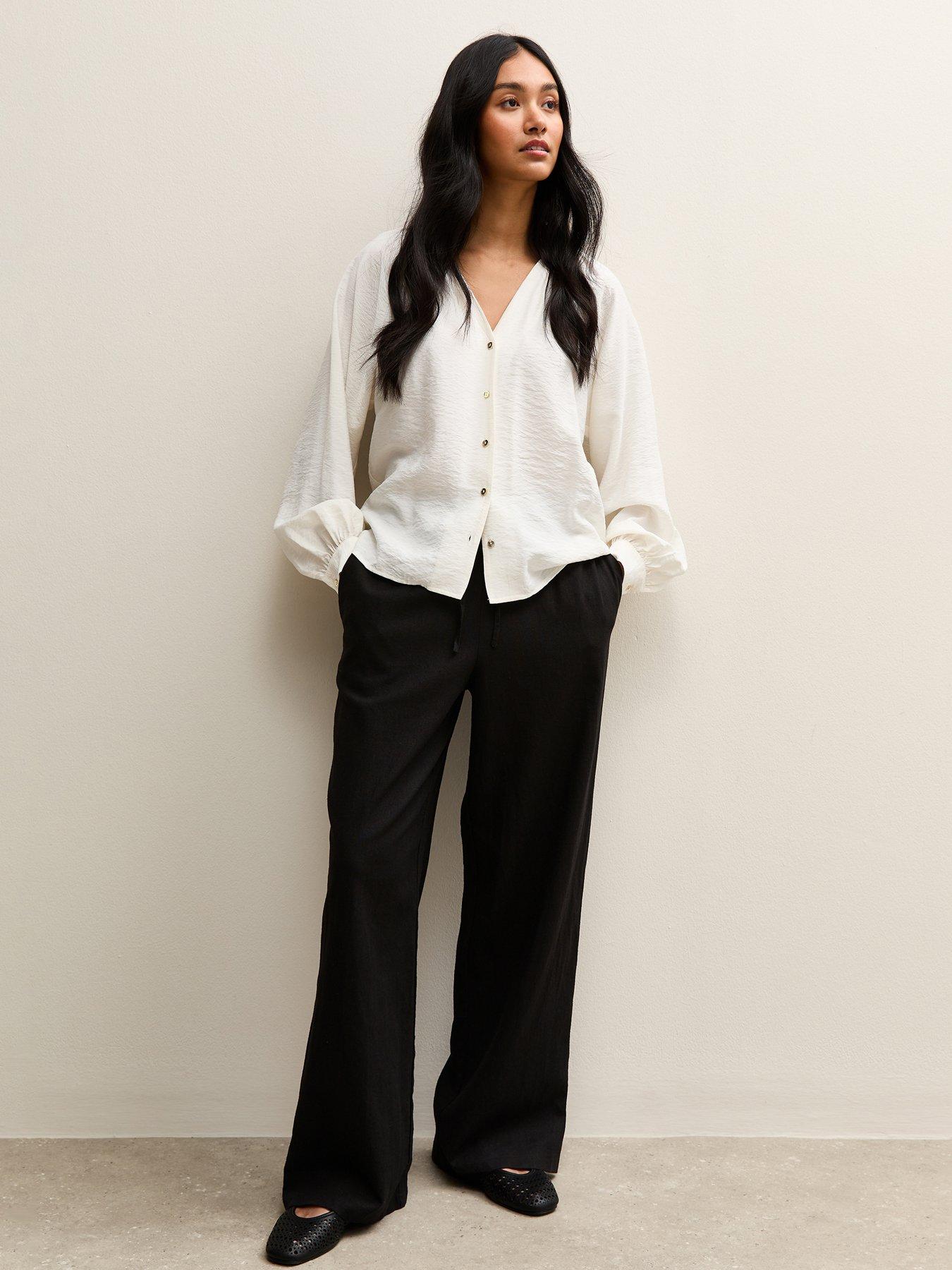 Image 1 of 5 of New Look Black Linen Blend Drawstring Wide Leg Trousers