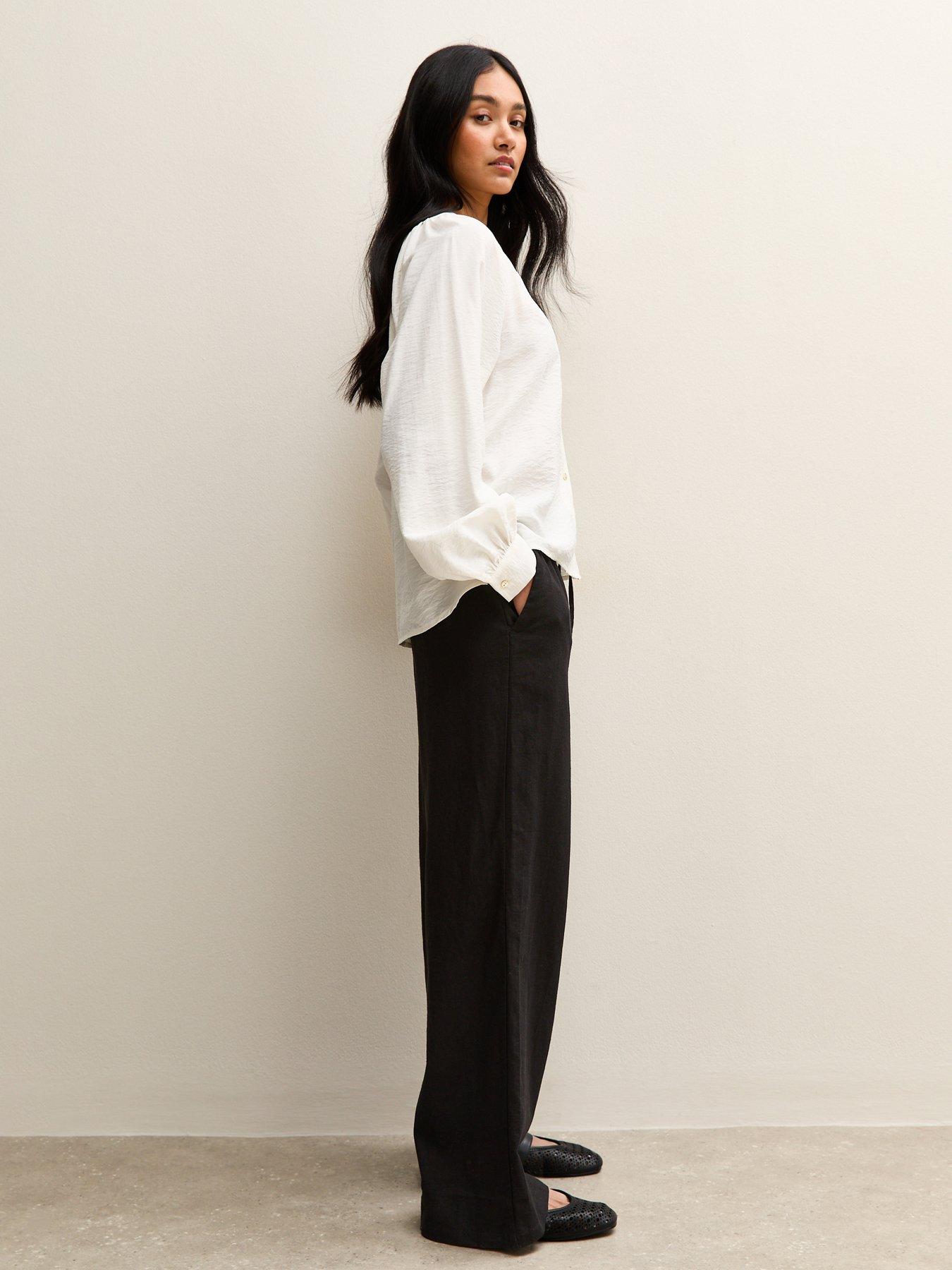 Image 3 of 5 of New Look Black Linen Blend Drawstring Wide Leg Trousers