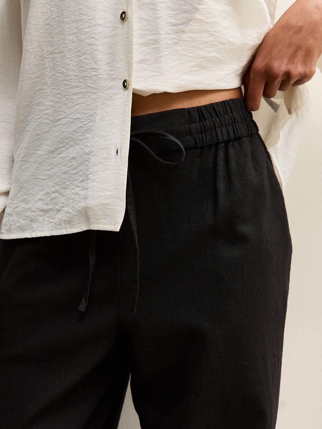 Image 4 of 5 of New Look Black Linen Blend Drawstring Wide Leg Trousers
