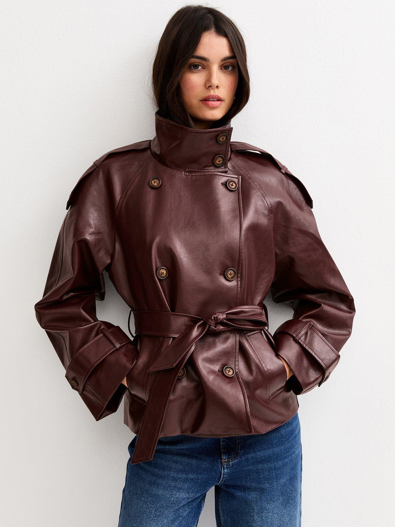 Image 1 of 6 of New Look Faux Leather Belted Funnel Neck Jacket - Dark Burgundy