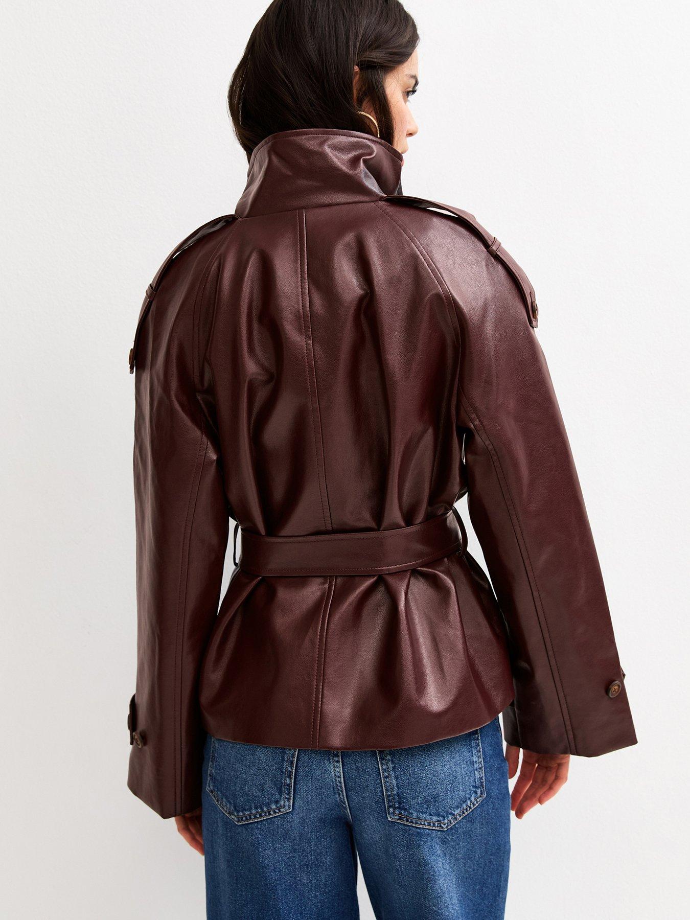 Image 2 of 6 of New Look Faux Leather Belted Funnel Neck Jacket - Dark Burgundy