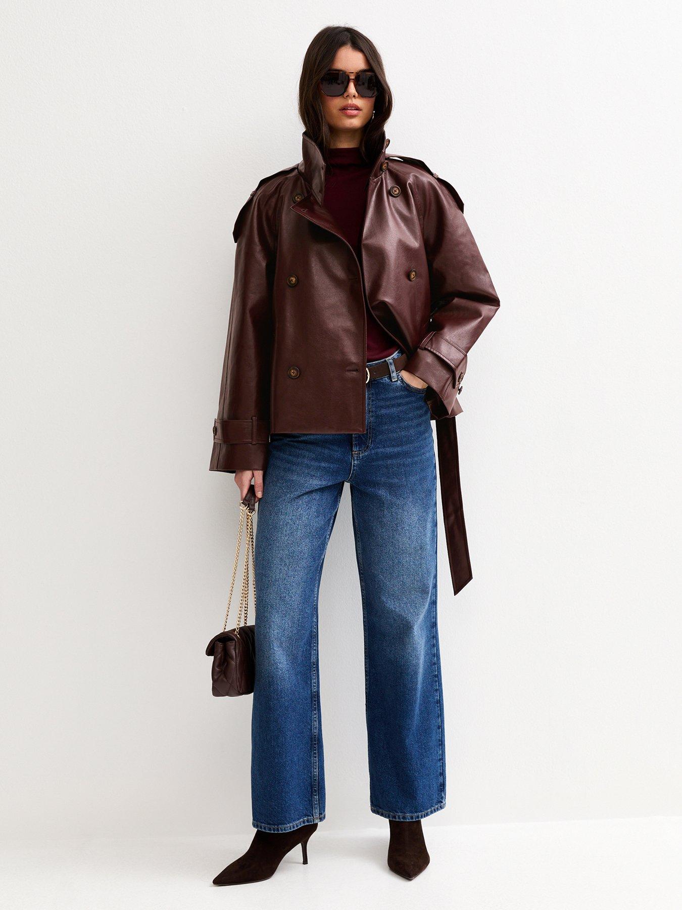 Image 3 of 6 of New Look Faux Leather Belted Funnel Neck Jacket - Dark Burgundy
