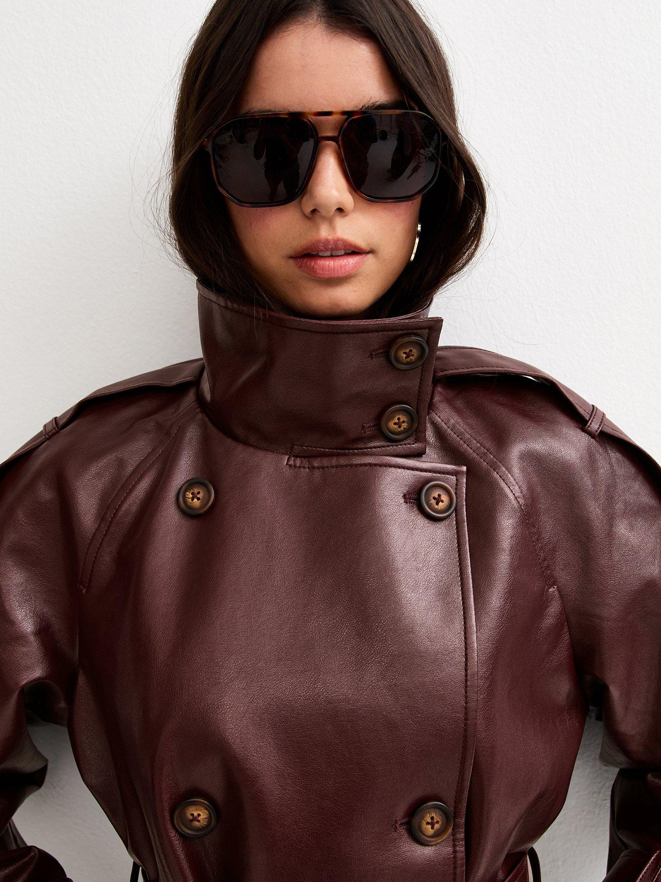 Image 4 of 6 of New Look Faux Leather Belted Funnel Neck Jacket - Dark Burgundy