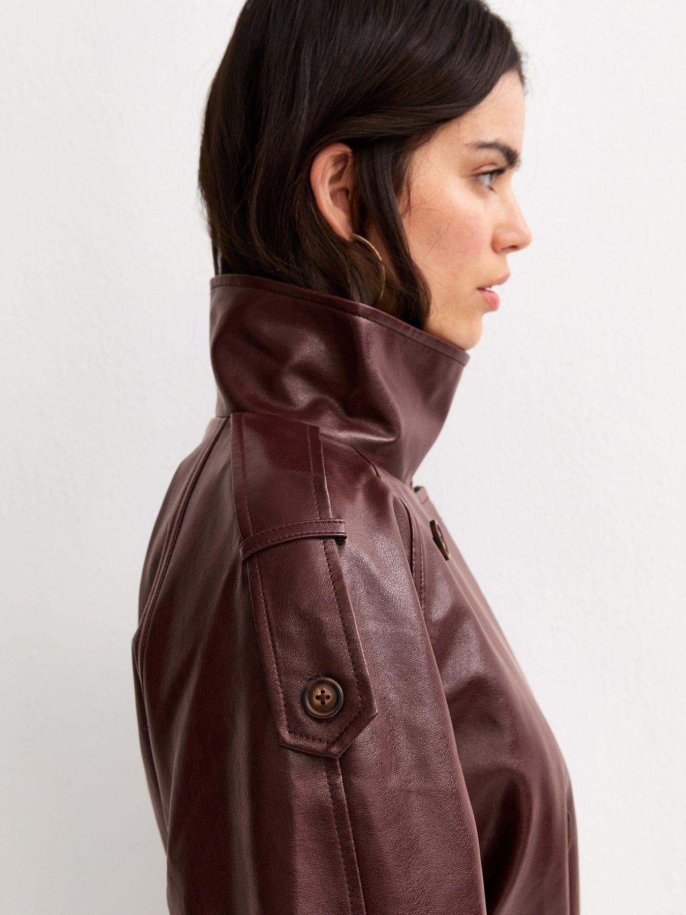 Image 5 of 6 of New Look Faux Leather Belted Funnel Neck Jacket - Dark Burgundy