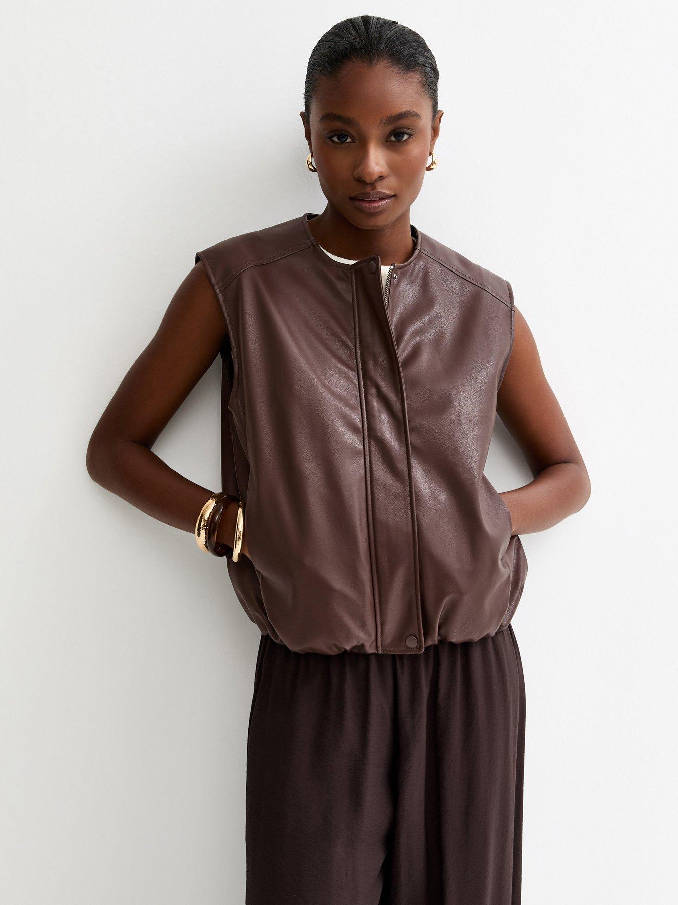 New Look Brown Faux Leather Sleeveless Bubble Hem Jacket