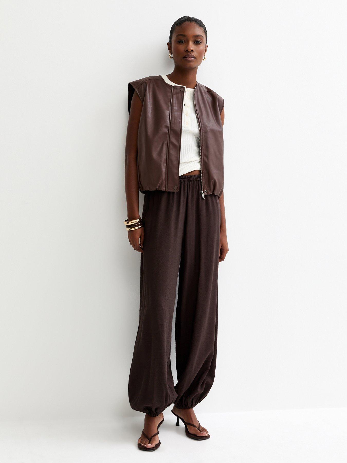 new-look-faux-leather-sleeveless-bubble-hem-jacket-brownback