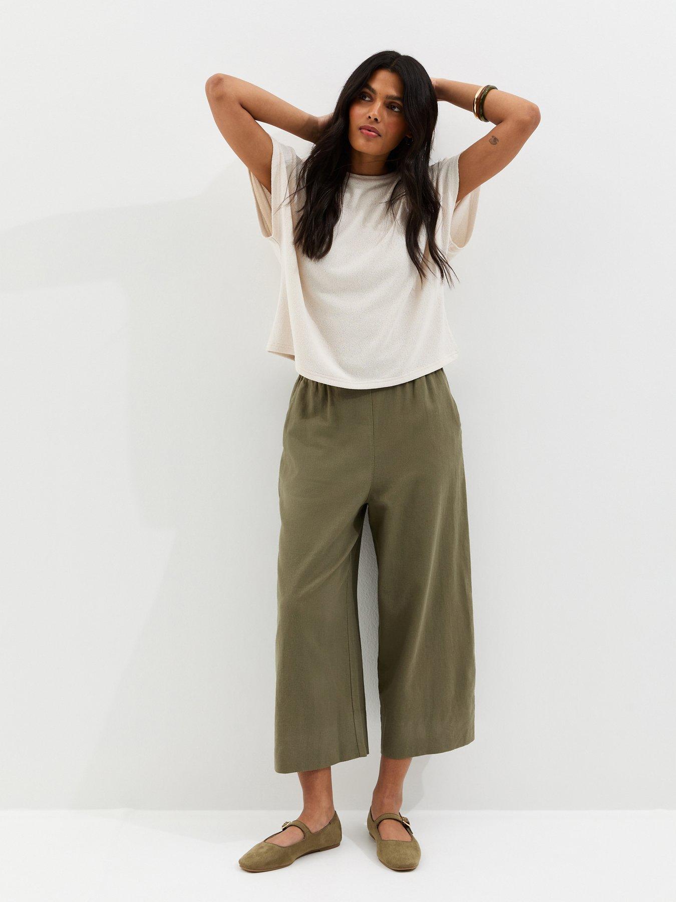New Look Linen Blend Cropped Wide Leg Trousers - Khaki