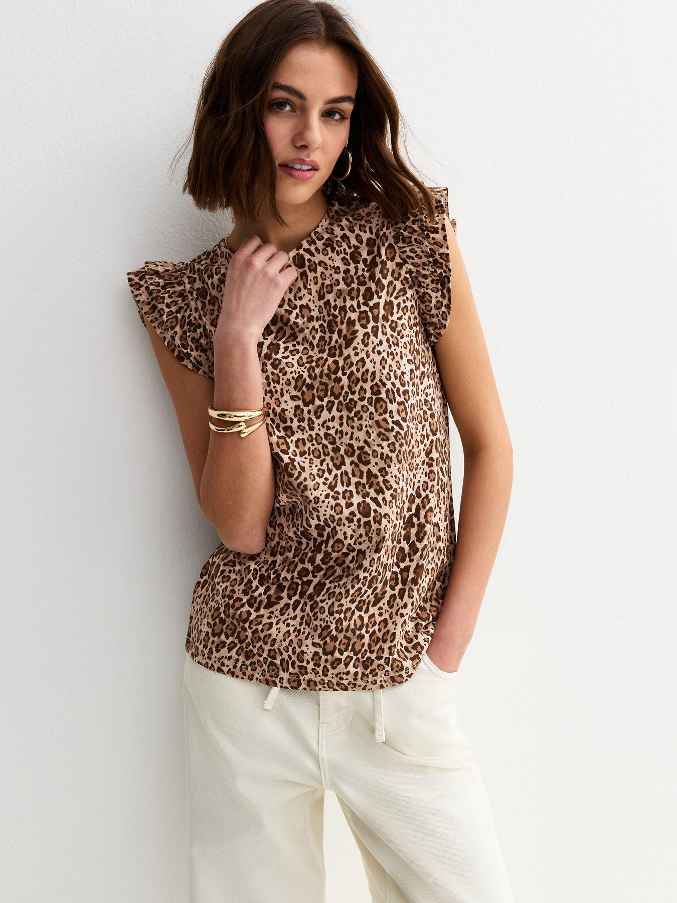 new-look-leopard-print-frill-trim-top-brownfront