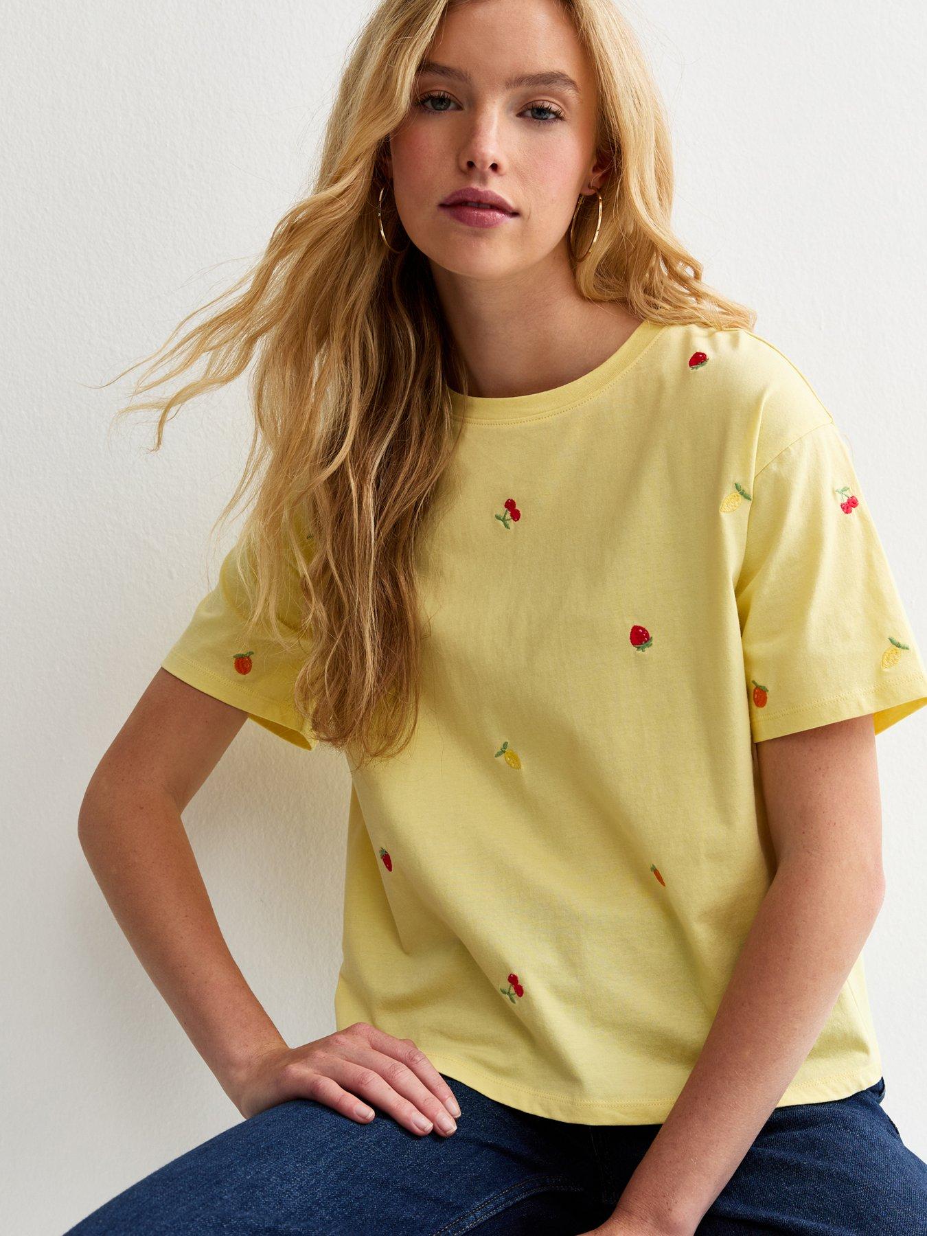 Image 1 of 5 of New Look Cotton Boxy Embroidered Fruit T-Shirt - Yellow