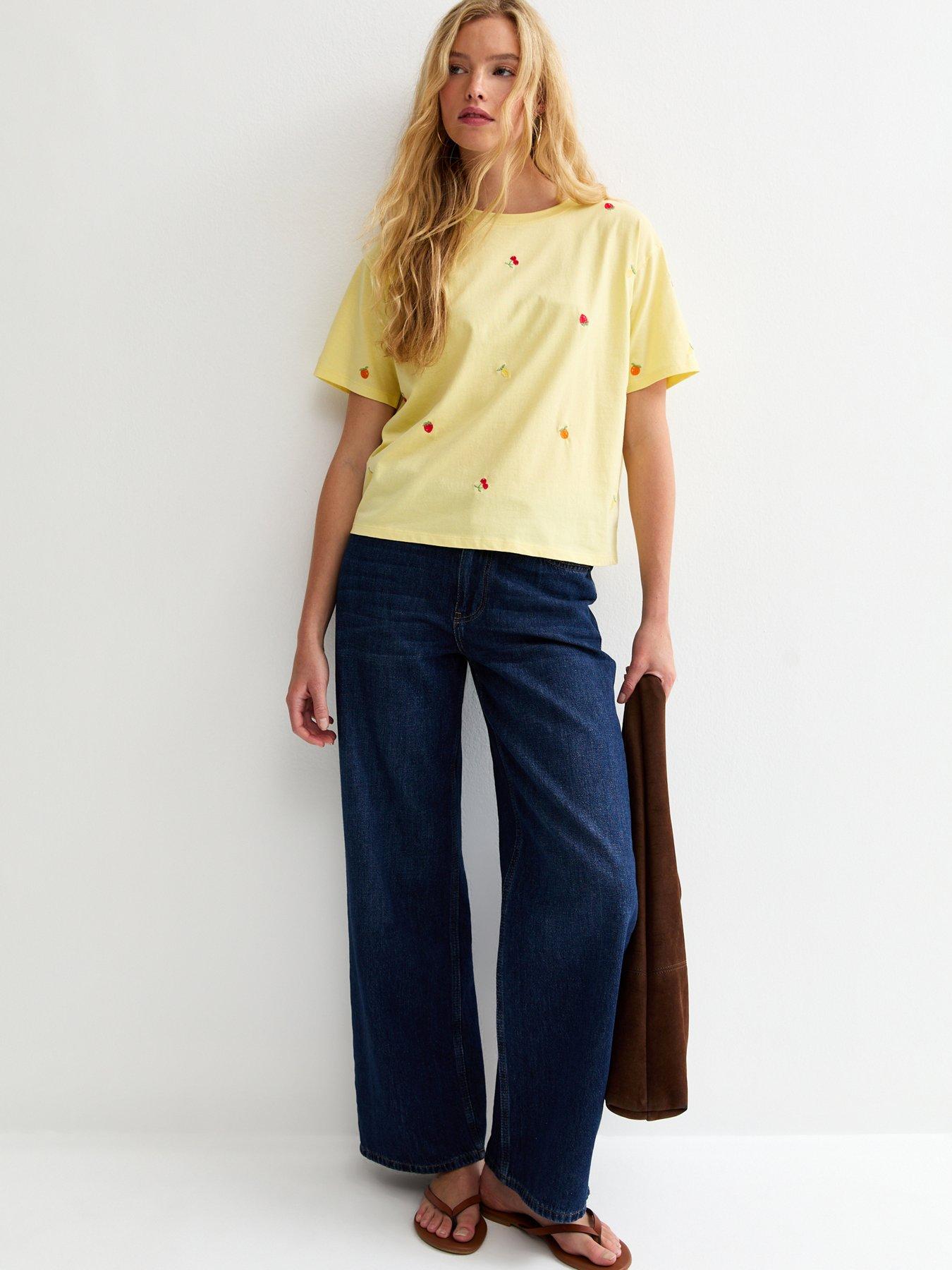 Image 3 of 5 of New Look Cotton Boxy Embroidered Fruit T-Shirt - Yellow