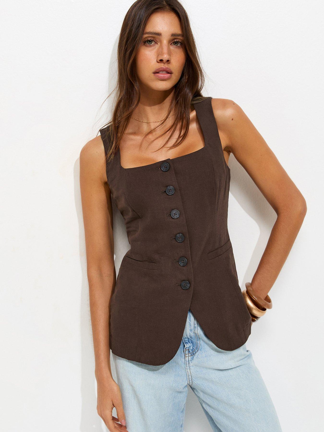 New Look Linen Rich Thick Strap Waistcoat - Brown