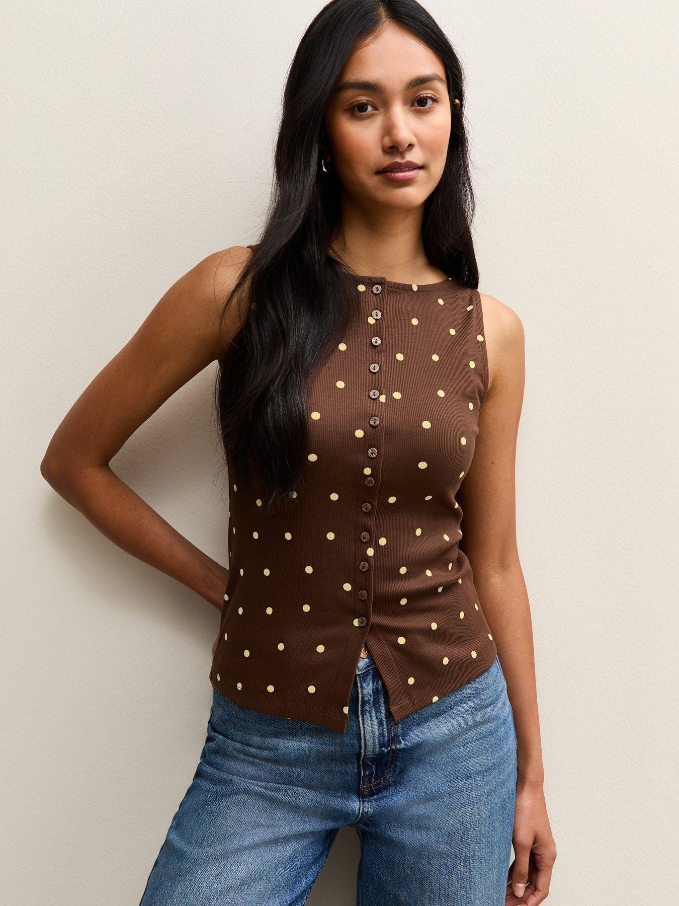 New Look Brown Polka Dot Button Up Tank Top